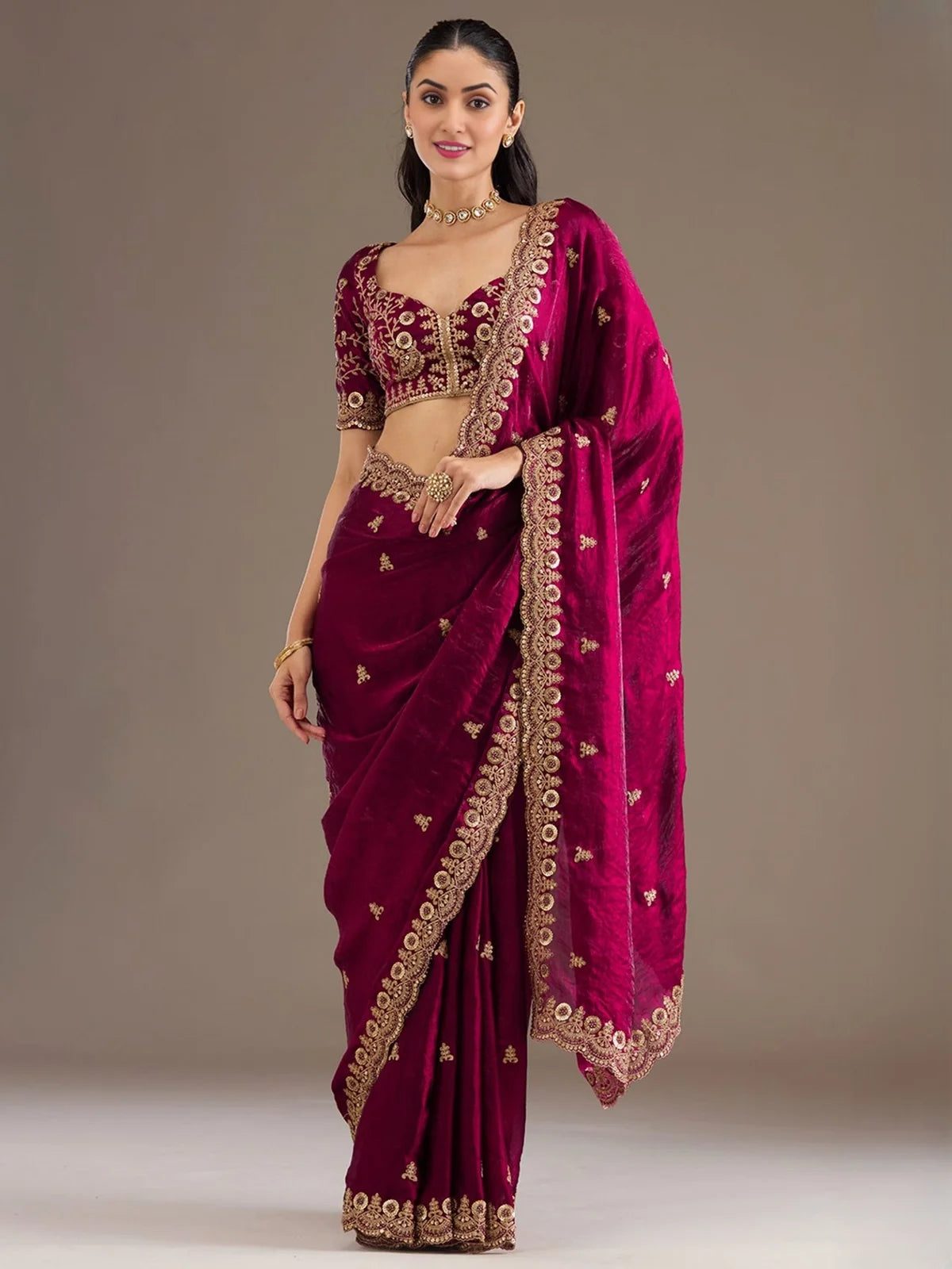 Tarani Akshaya maroon tissue saree front view with heavy zari dori sequins embroidery work
