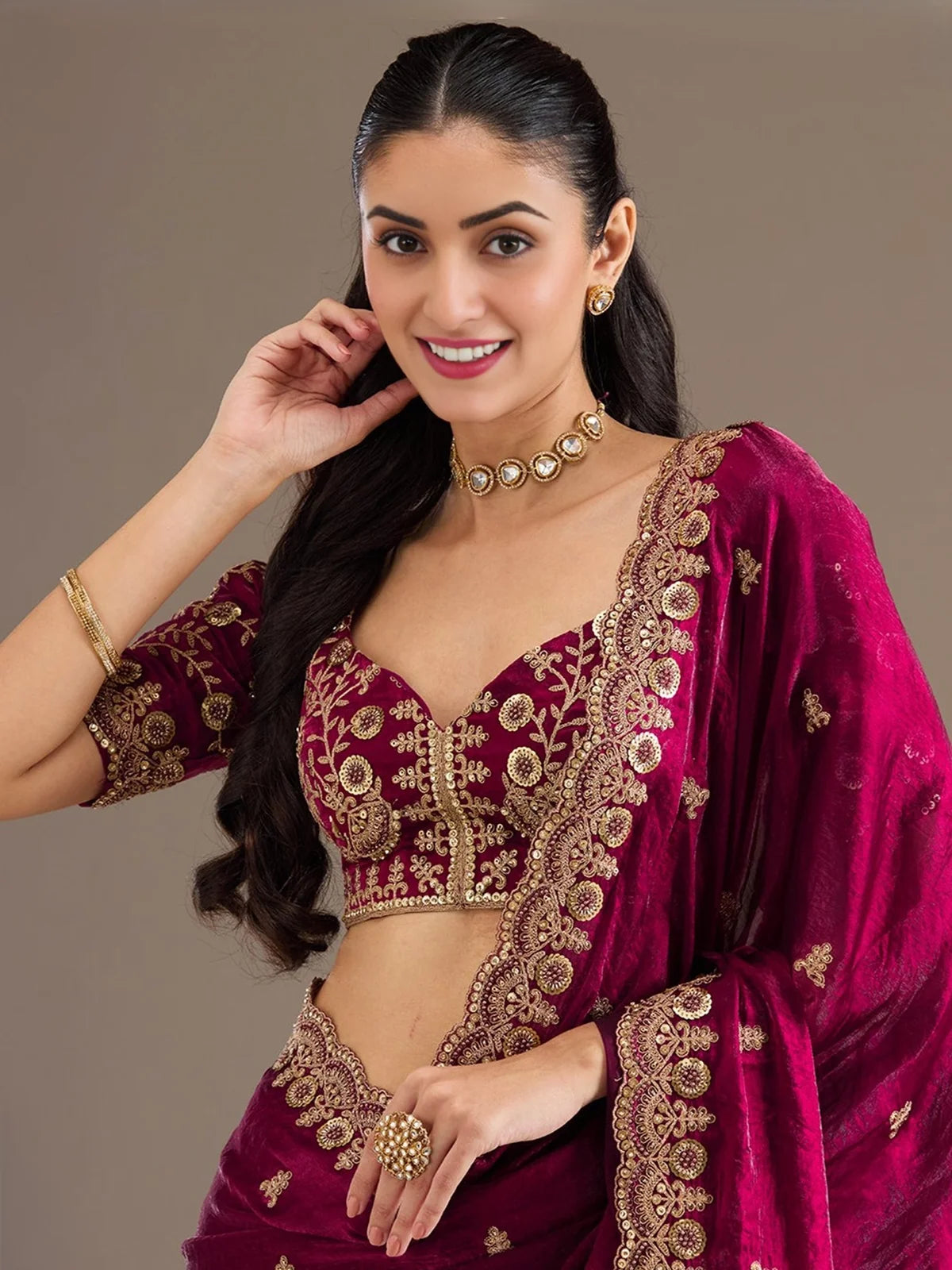 Tarani Akshaya maroon tissue saree upper body view with embroidered blouse and border detailing