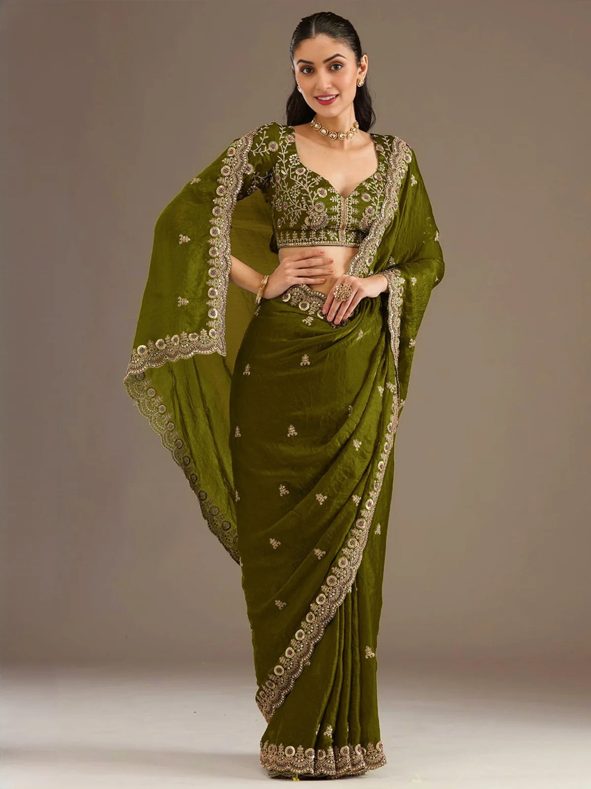 Tarani Pratiksha olive green tissue saree full view with sequins dori zari embroidery diamond pearl work