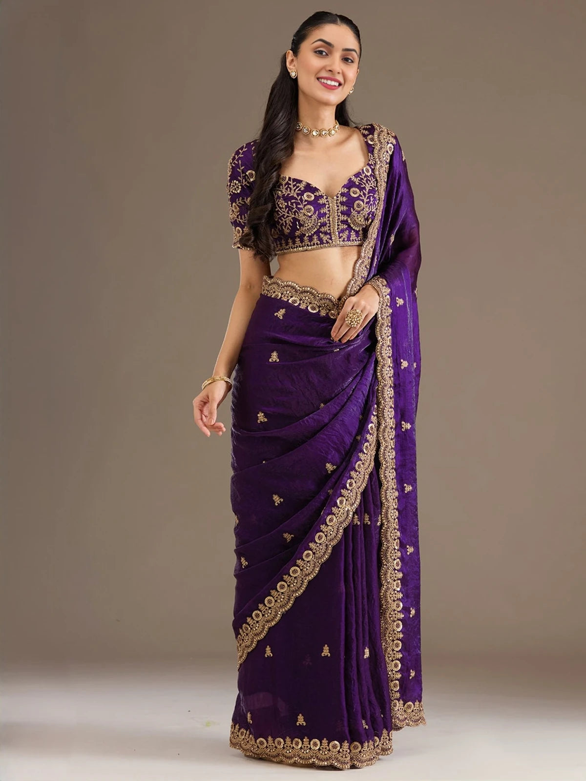 Tarani Sanika purple tissue saree full view with embroidered border and matching blouse for wedding wear