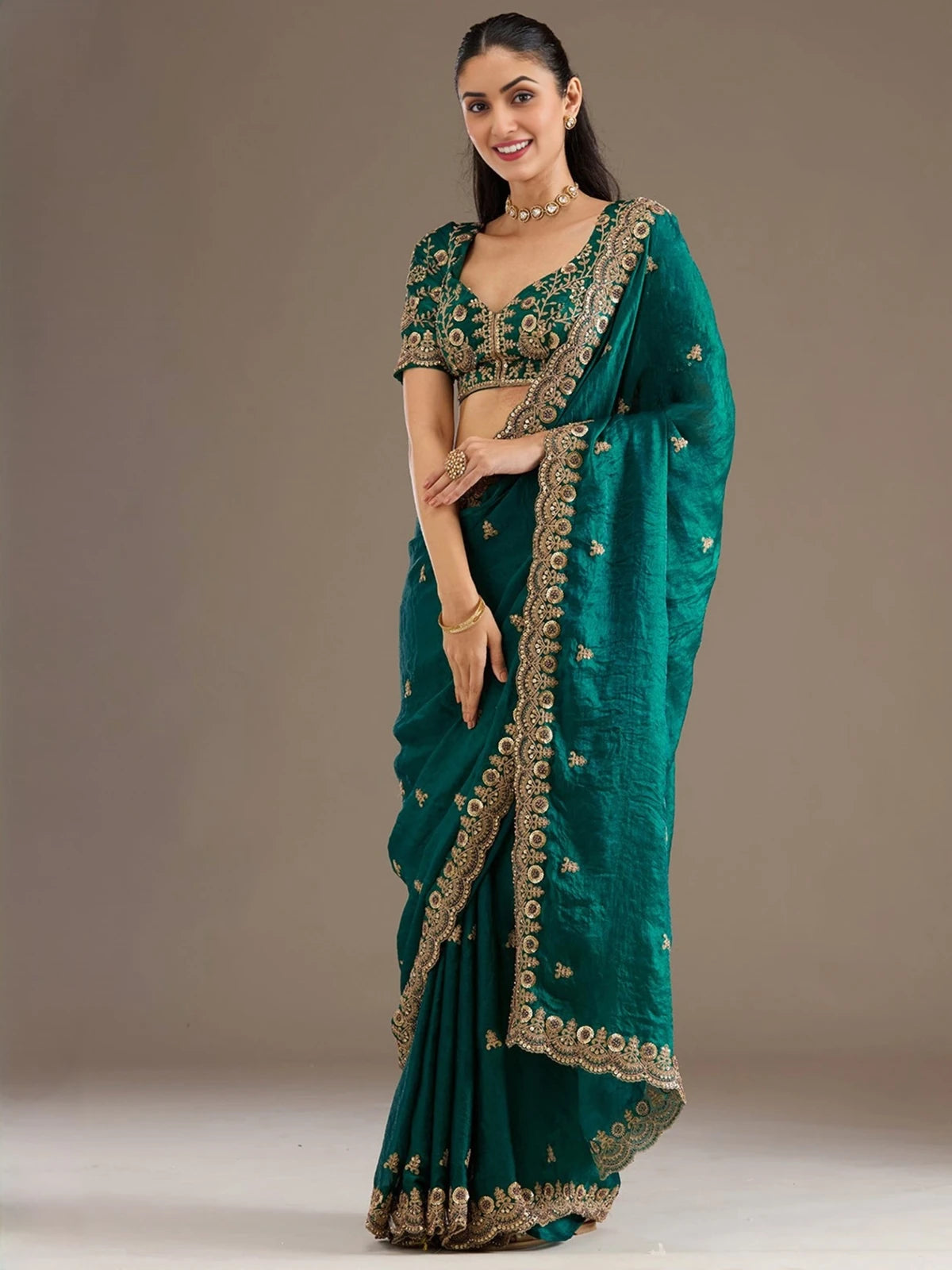 Tarani Falak Rama green tissue saree with zari dori sequins embroidery wedding wear full view