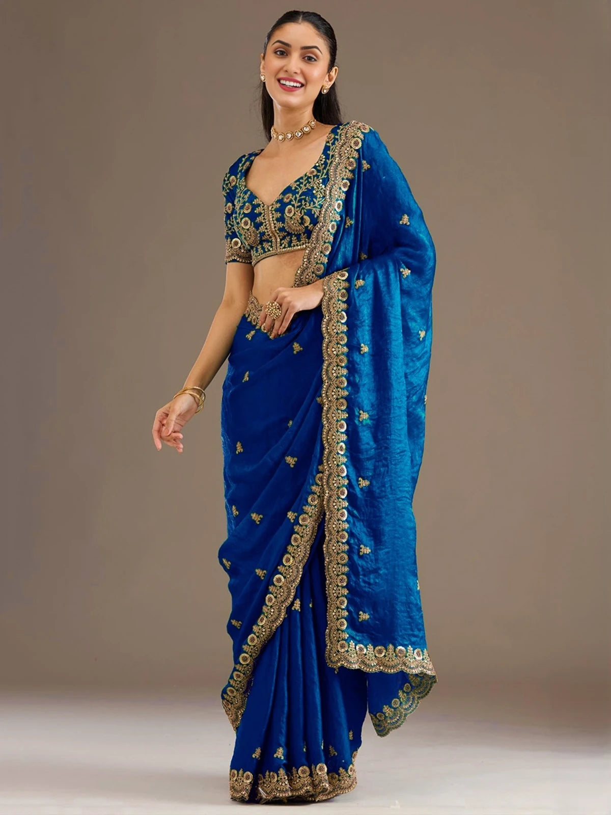 Tarani Sagarika royal blue tissue saree full view with zari dori sequins embroidery and matching blouse