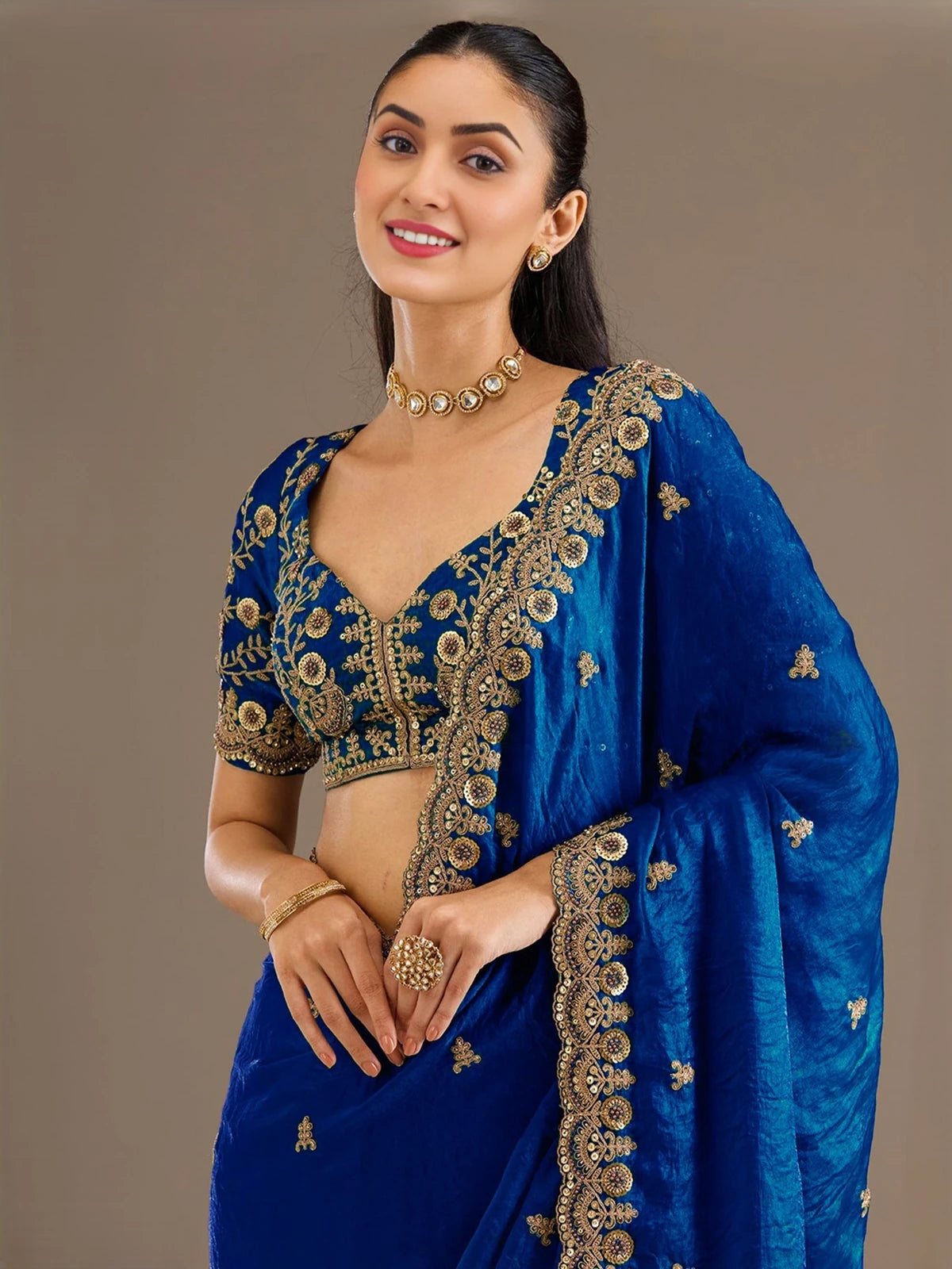 Tarani Sagarika royal blue tissue saree upper body view showing embroidered blouse and border work