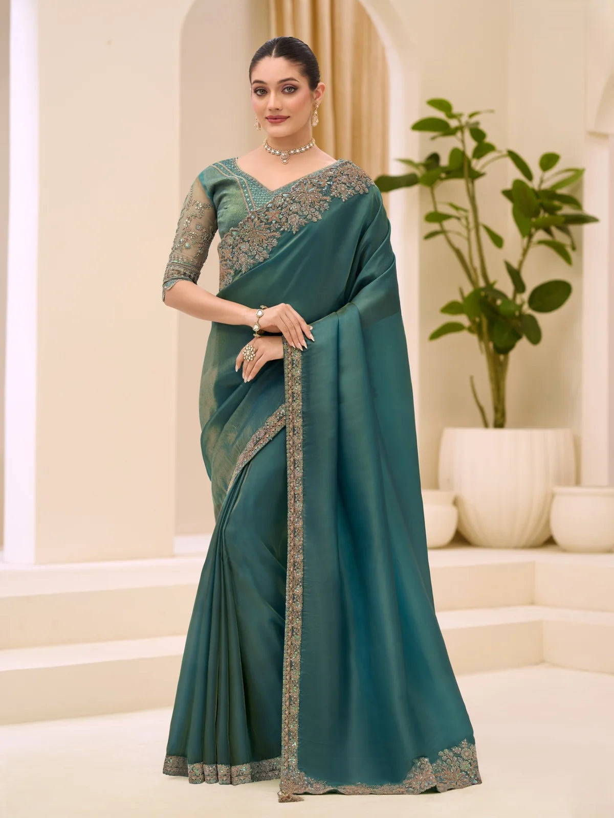 Tarani teal sunshine tissue saree with embroidery and zari work full view Aashika