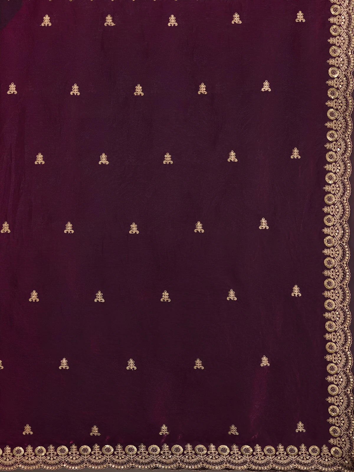 Tarani Avika wine tissue saree closeup fabric view with intricate embroidery and decorative motifs