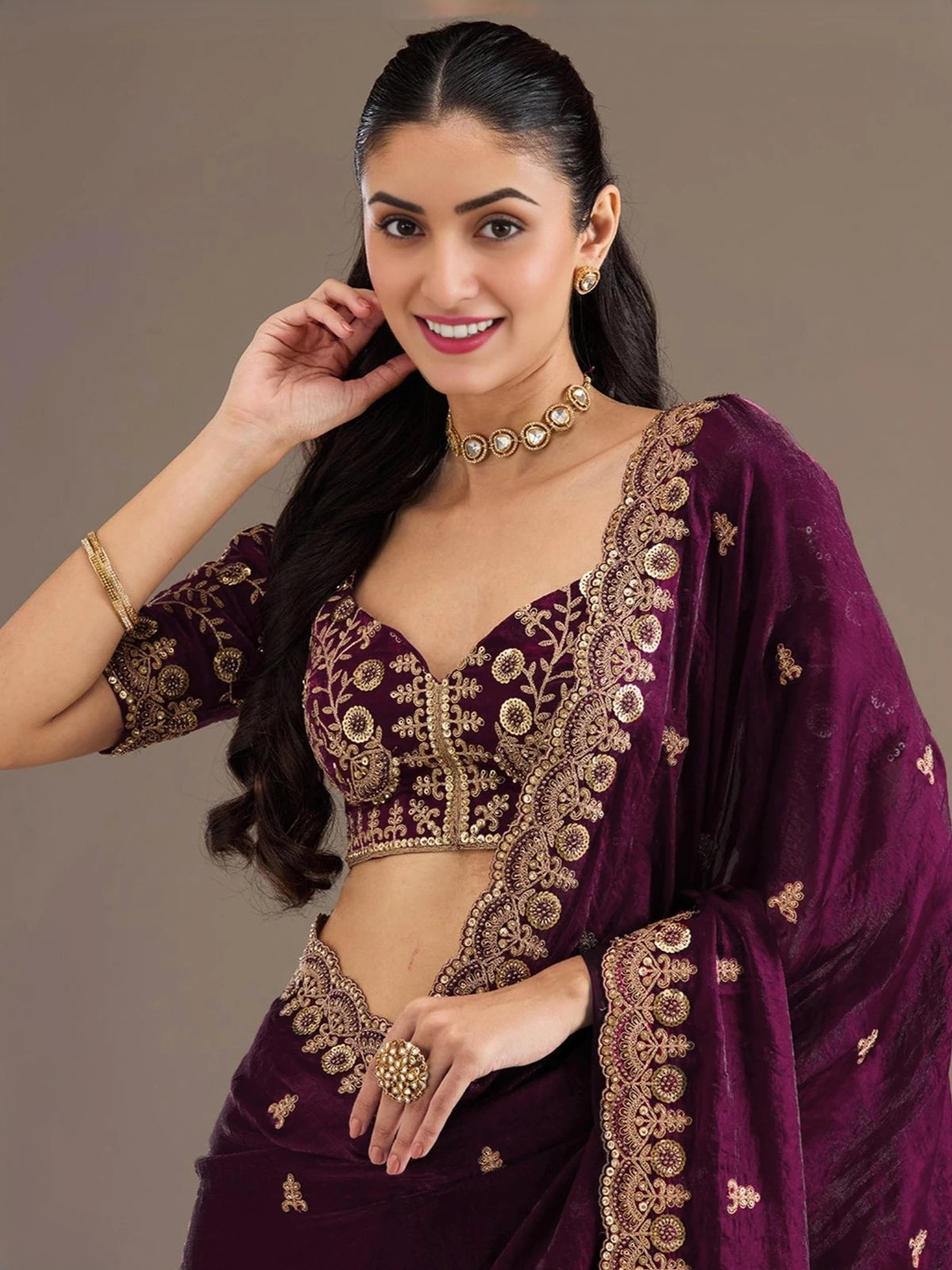 Tarani Avika wine tissue saree upper body view showing embroidered blouse with pearl and diamond work