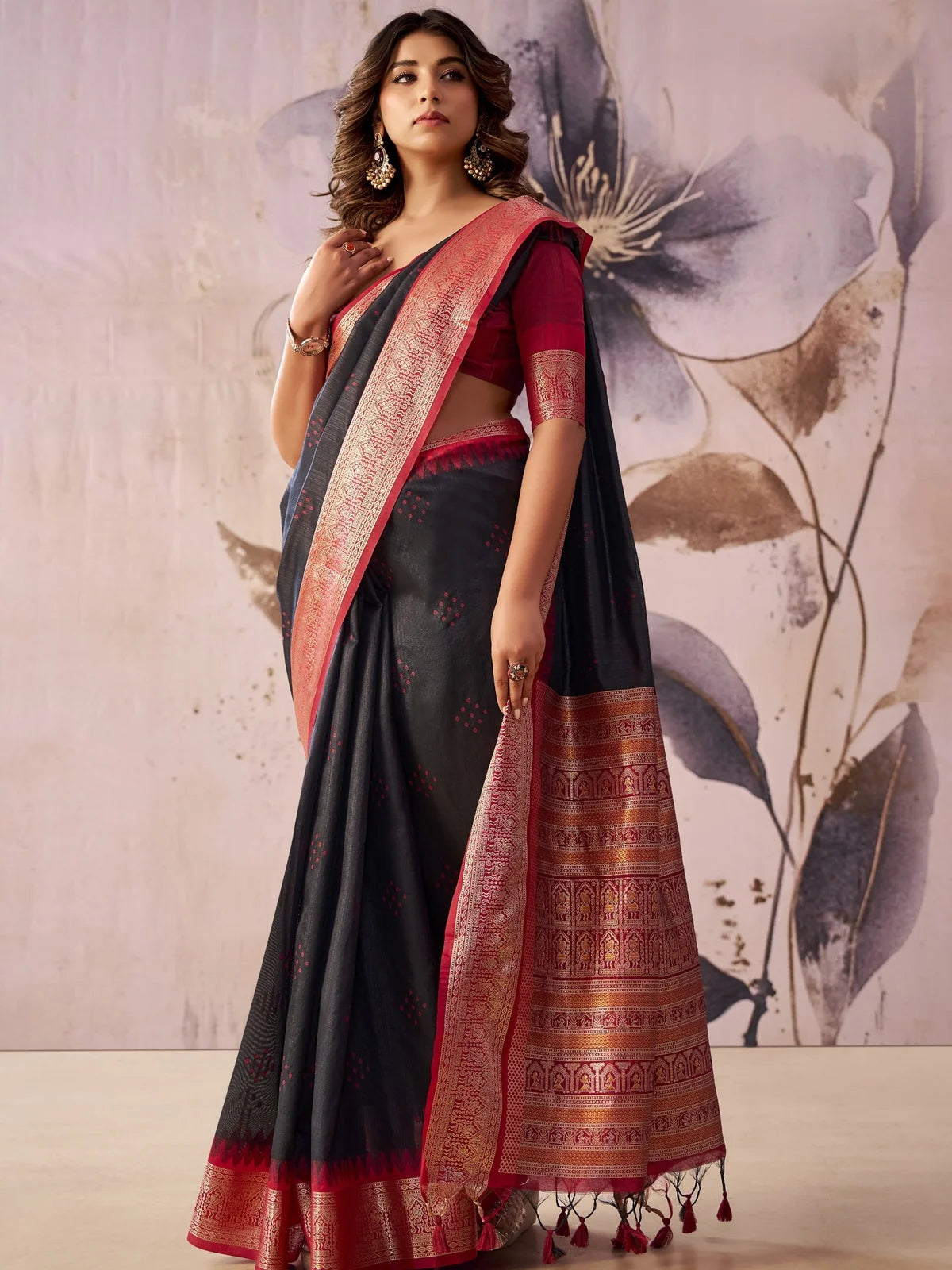Tarani black tissue silk saree front view with jacquard pallu