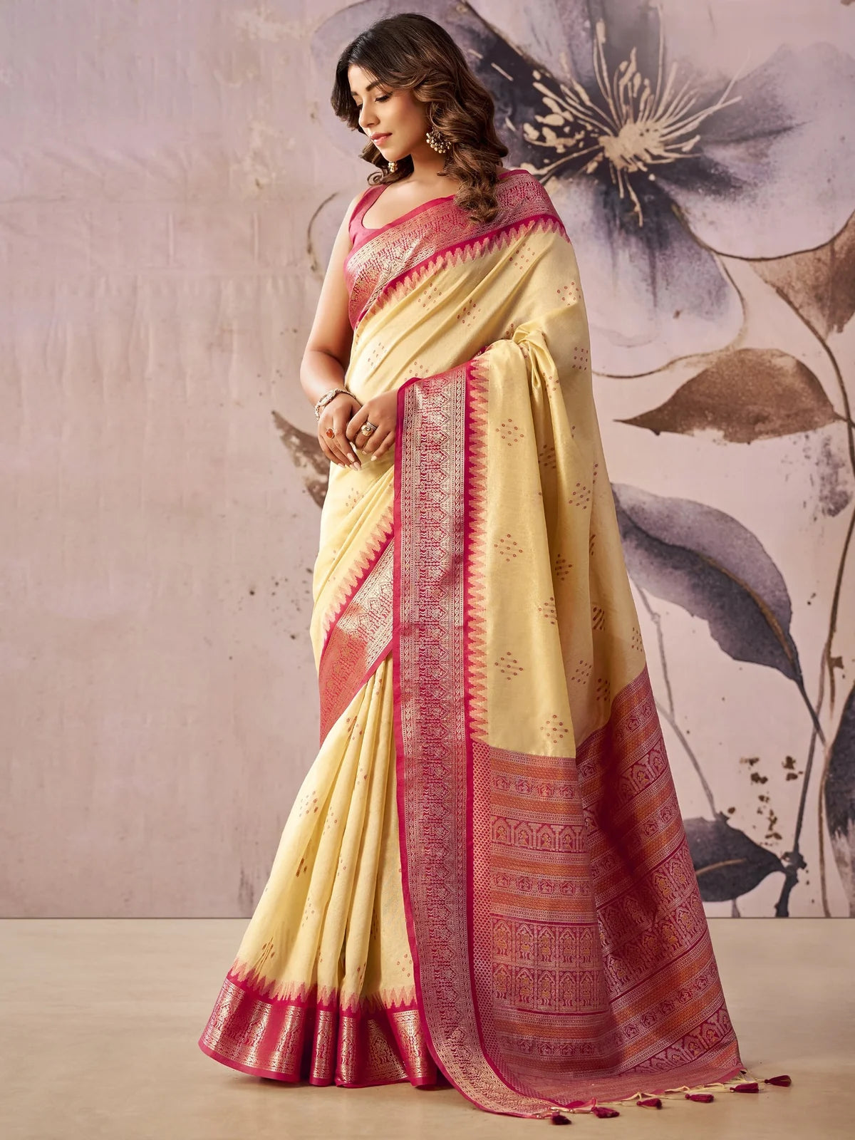 Tarani cream tissue silk saree with zari weaving border and jacquard pallu full-view