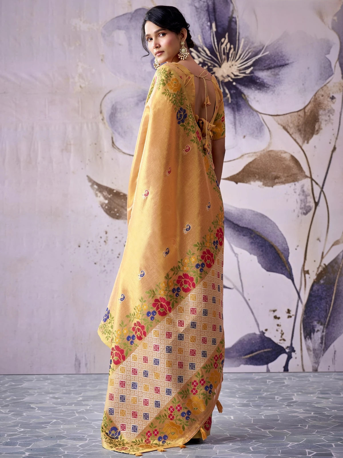 Tarani golden tissue silk saree floral woven design back-view