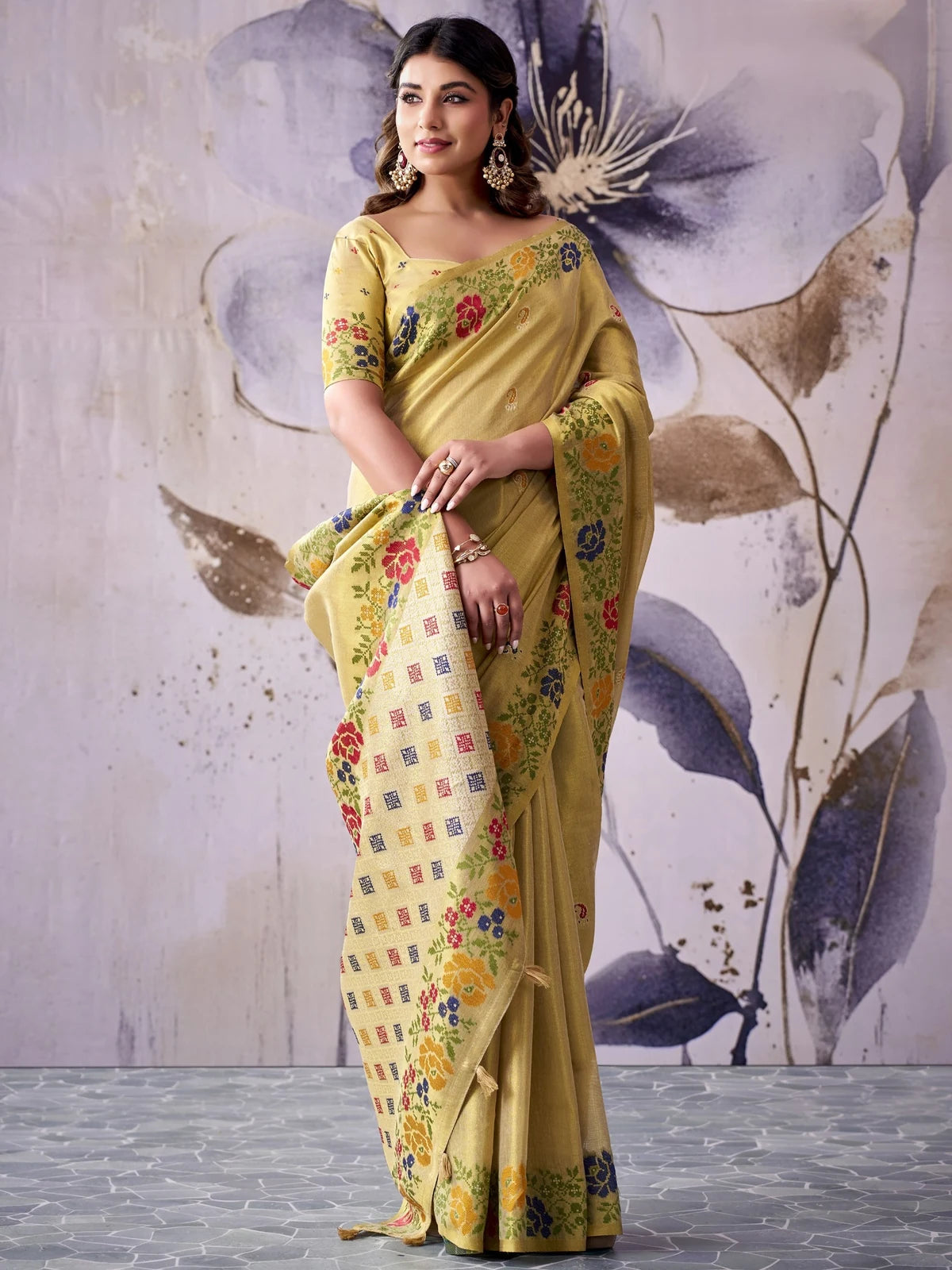 Tarani golden Tissue Silk saree front view highlighting pallu and woven design
