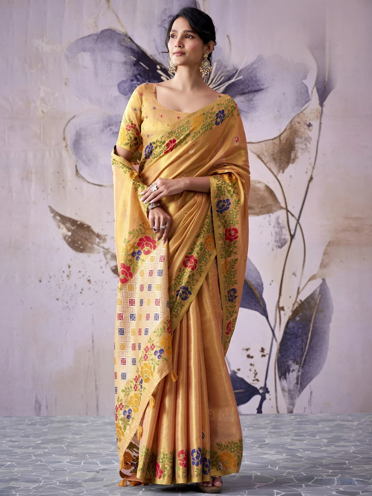 Tarani golden tissue silk saree floral woven design front-view