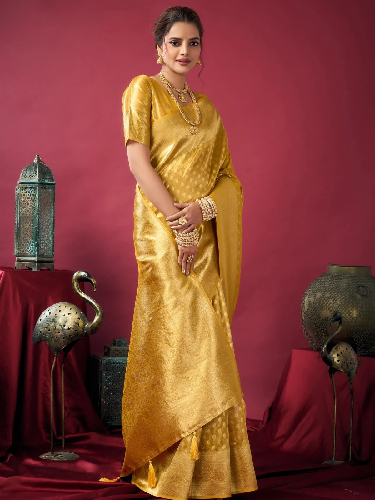 Tarani Rashmika golden Tissue Silk saree front view with rich border and graceful drape