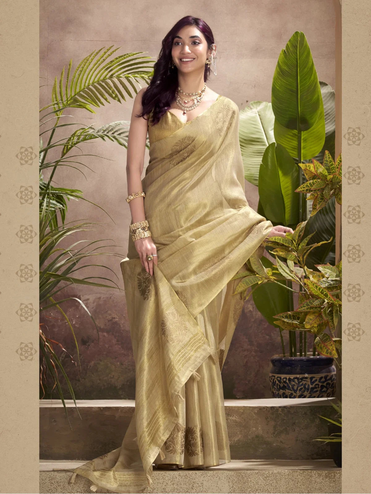 Tarani golden tissue silk saree with woven butta front view festive wear drape