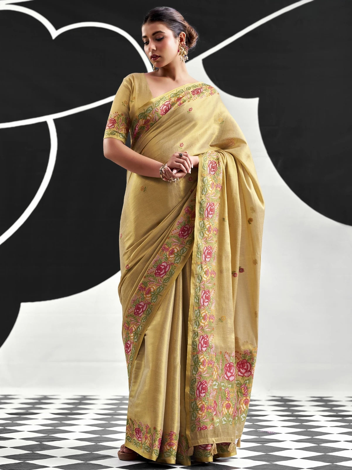 Tarani golden tissue silk saree full view with floral woven border Bhavya