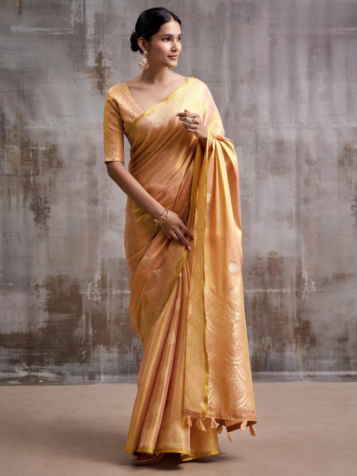 Tarani golden tissue silk saree full view with woven border and unstitched blouse