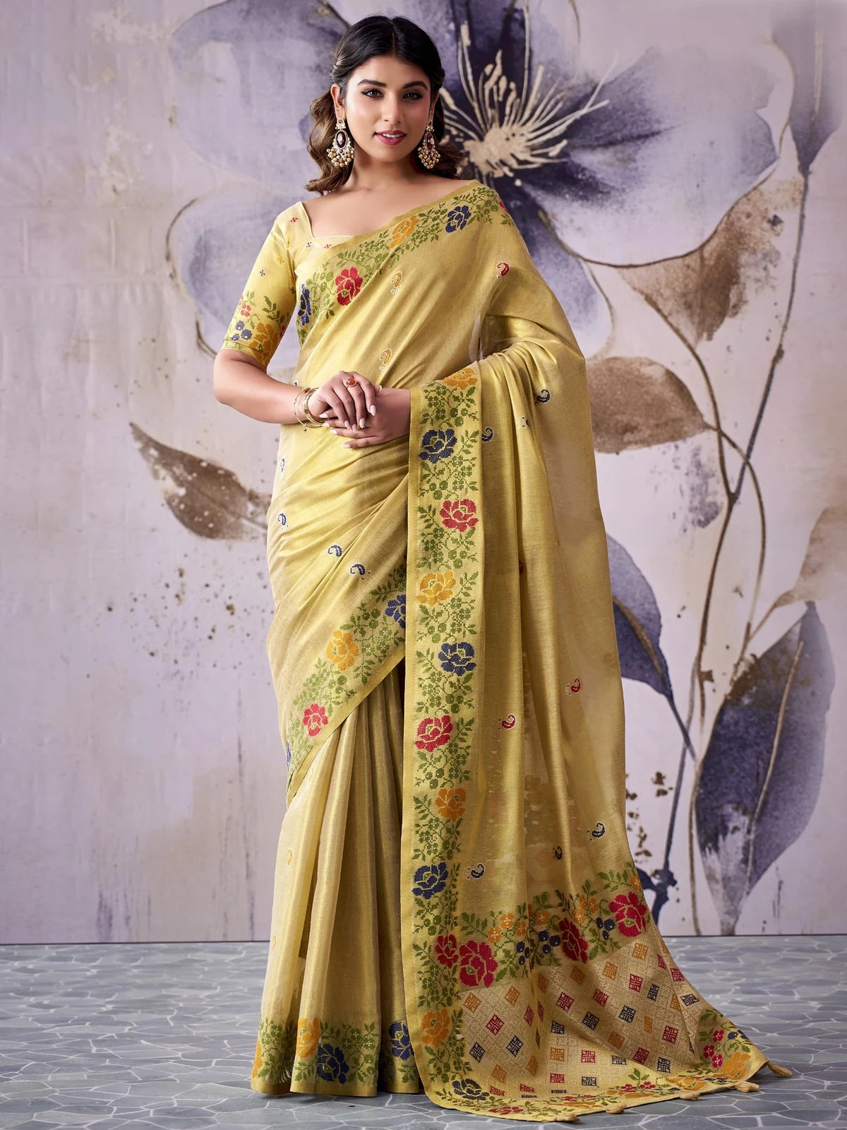 Tarani golden Tissue Silk saree full view with floral woven border and blouse