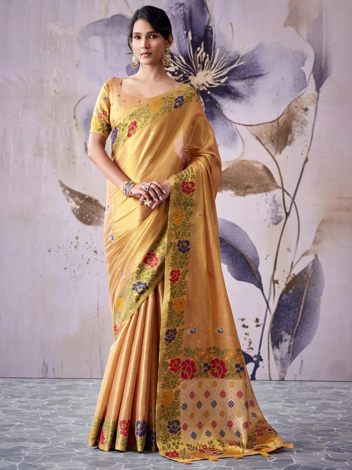Tarani golden tissue silk saree floral woven design full-view