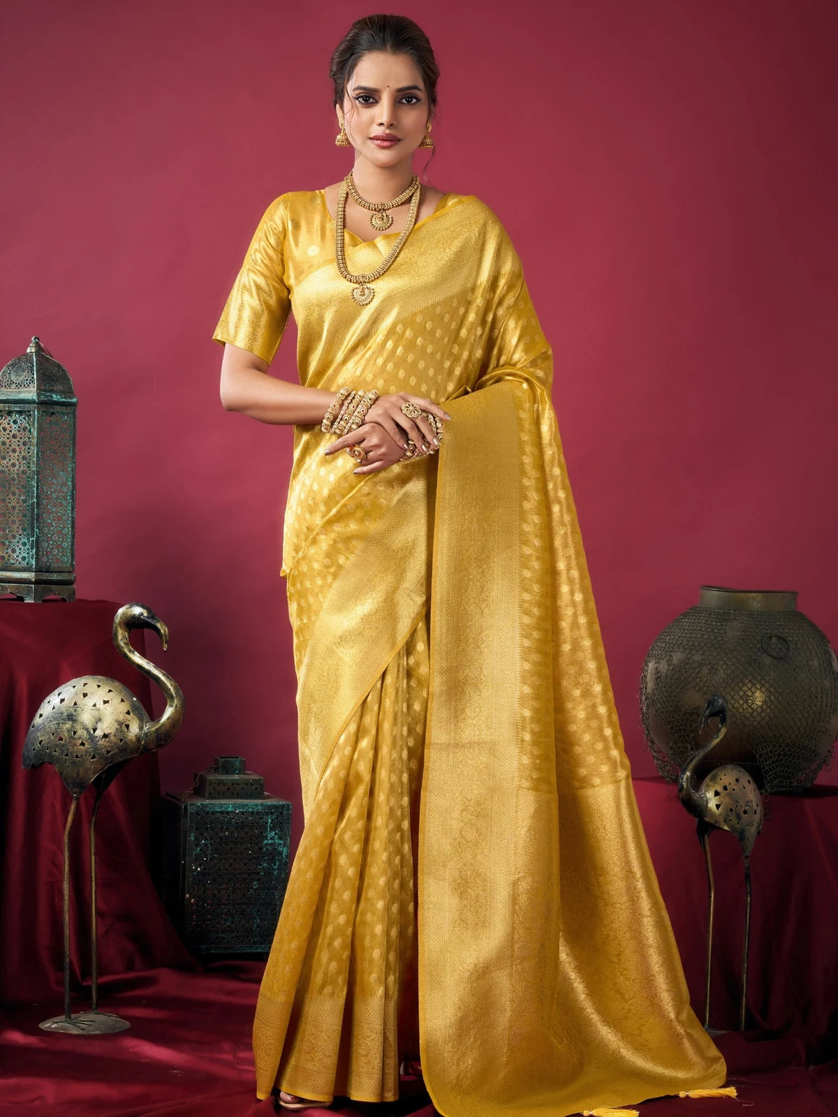 Tarani Rashmika golden Tissue Silk saree with Zhallar full view for wedding and festive wear