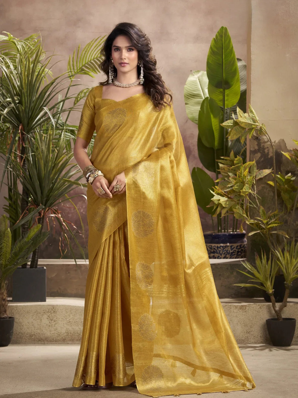 Tarani golden tissue silk saree full view with woven butta design