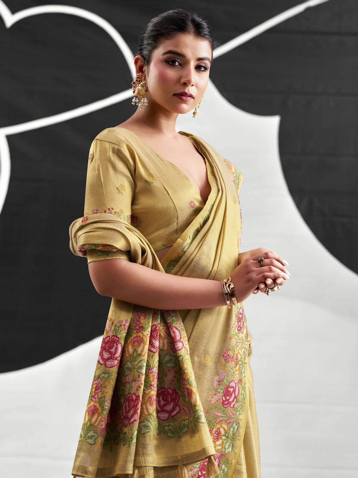 Tarani golden tissue silk saree side view with blouse styling Bhavya