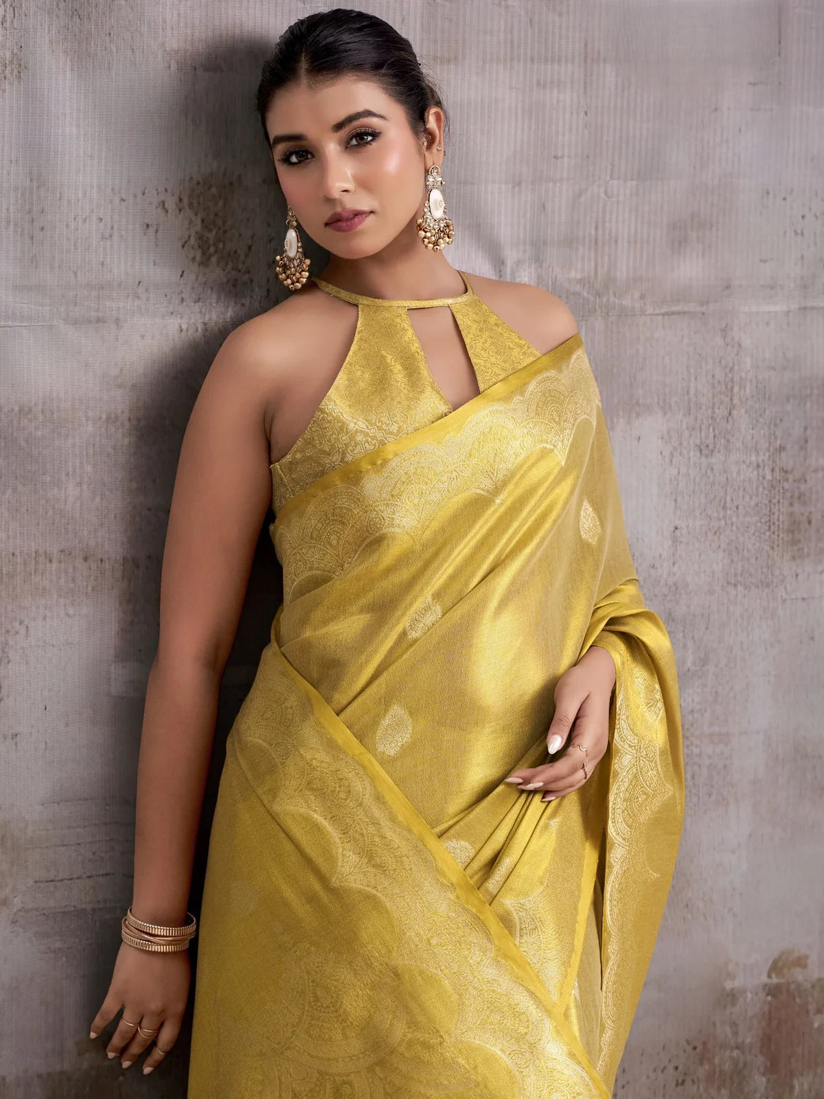 Tarani golden Tissue Silk saree upper body view highlighting blouse design and woven pallu