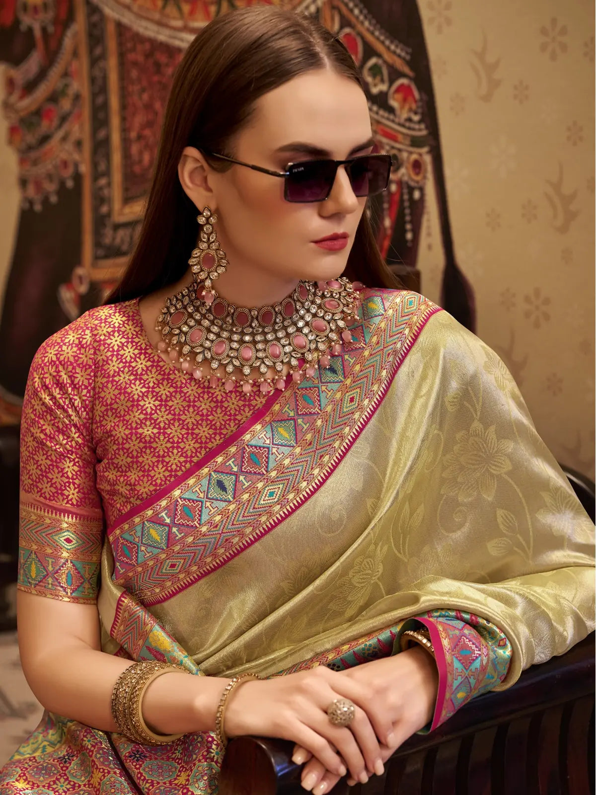 Tarani golden tissue silk saree upper body view highlighting blouse and border