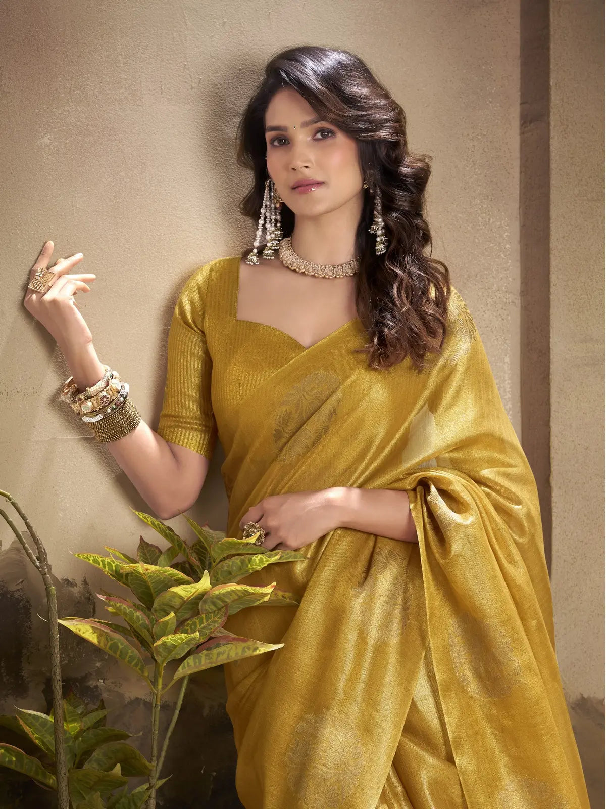 Tarani golden tissue silk saree upper body view with elegant blouse