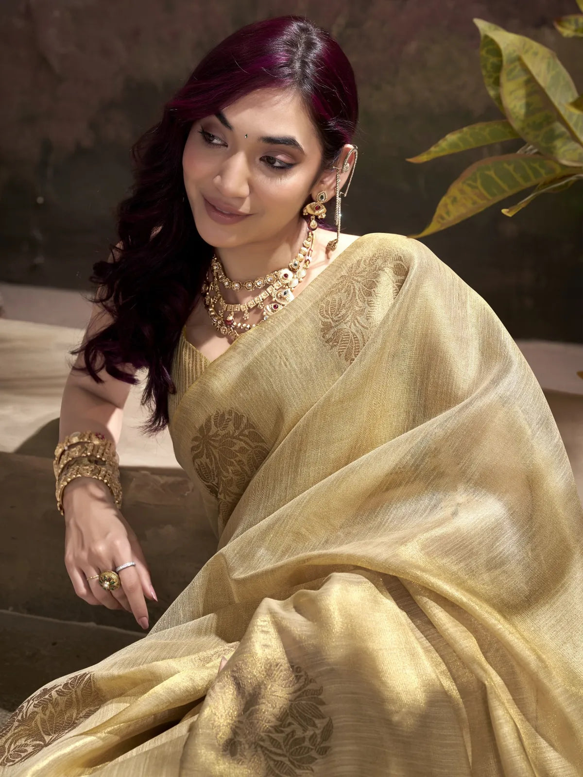 Tarani golden tissue silk saree with woven butta upper body view elegant festive wear