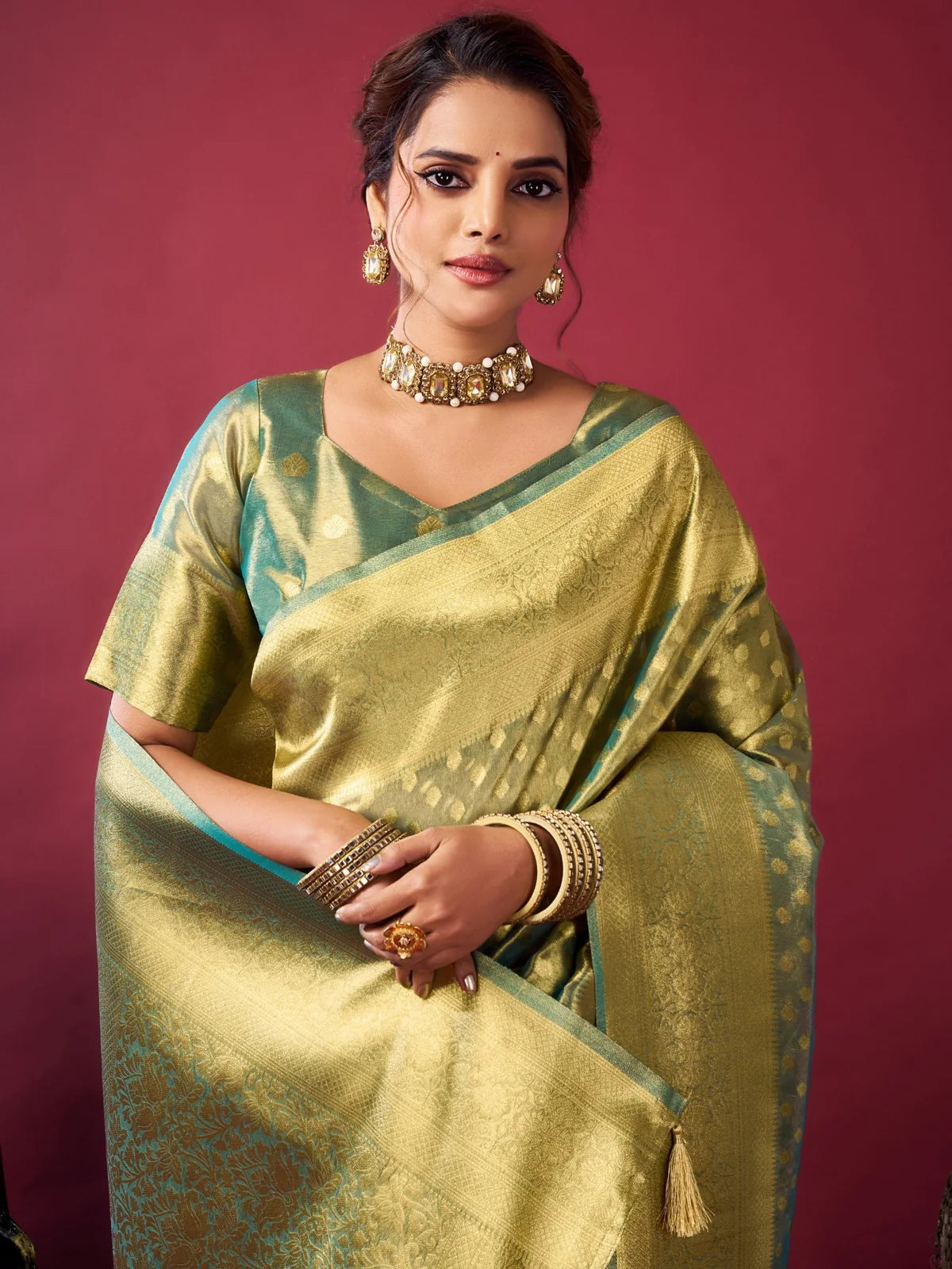 Tarani Dakshina closeup view of green tissue silk saree with rich woven border and blouse