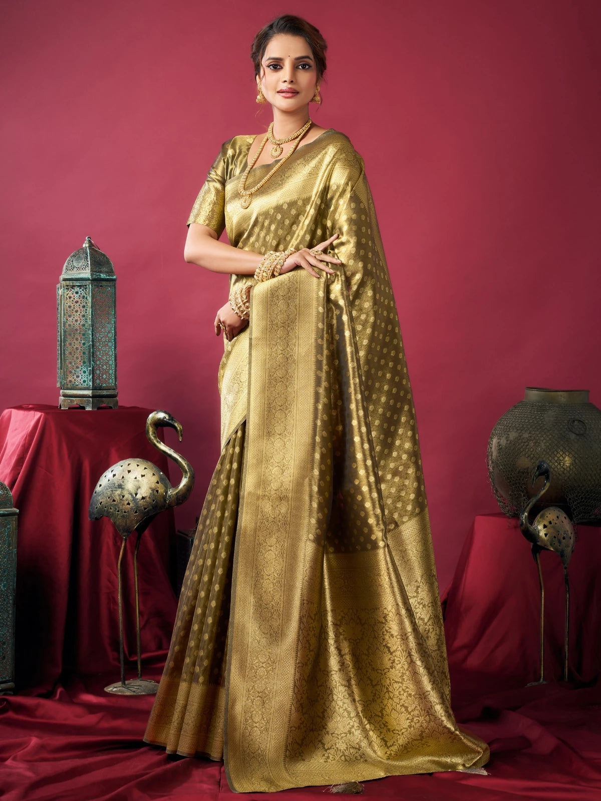 Tarani Snehal green Tissue Silk saree front view with elegant drape and ornate zari border
