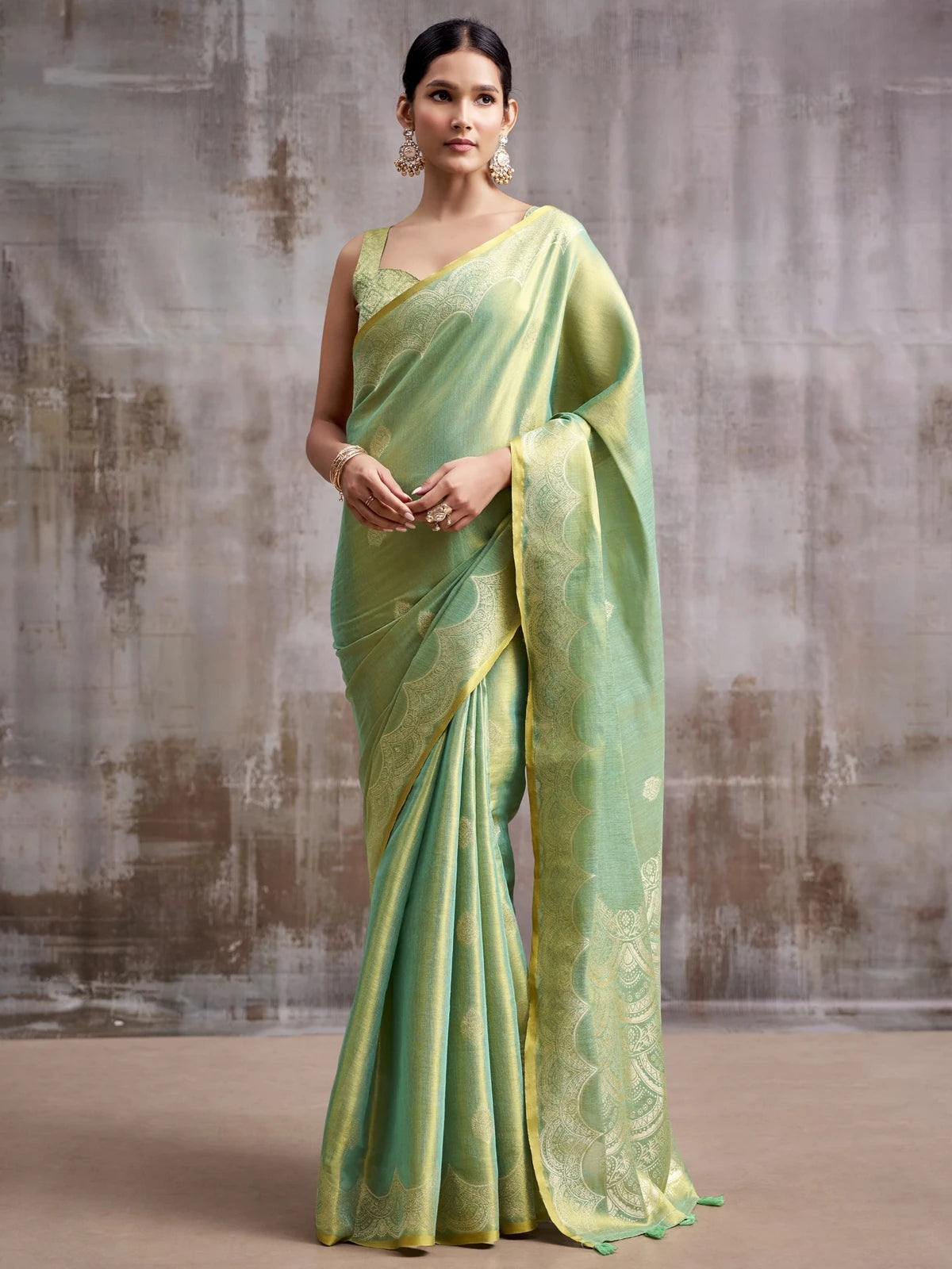 Tarani green tissue silk saree full front view with woven border and matching blouse