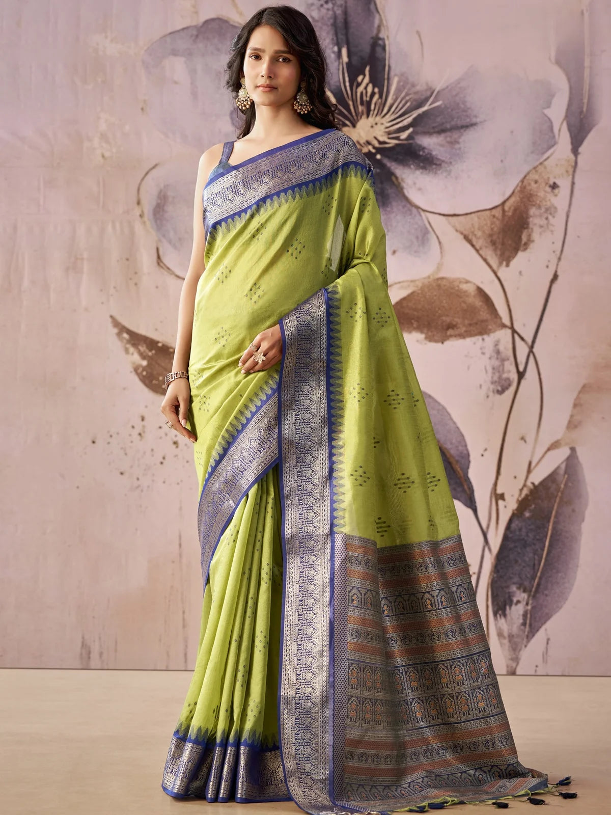 Tarani green tissue silk saree with zari weaving border full-view