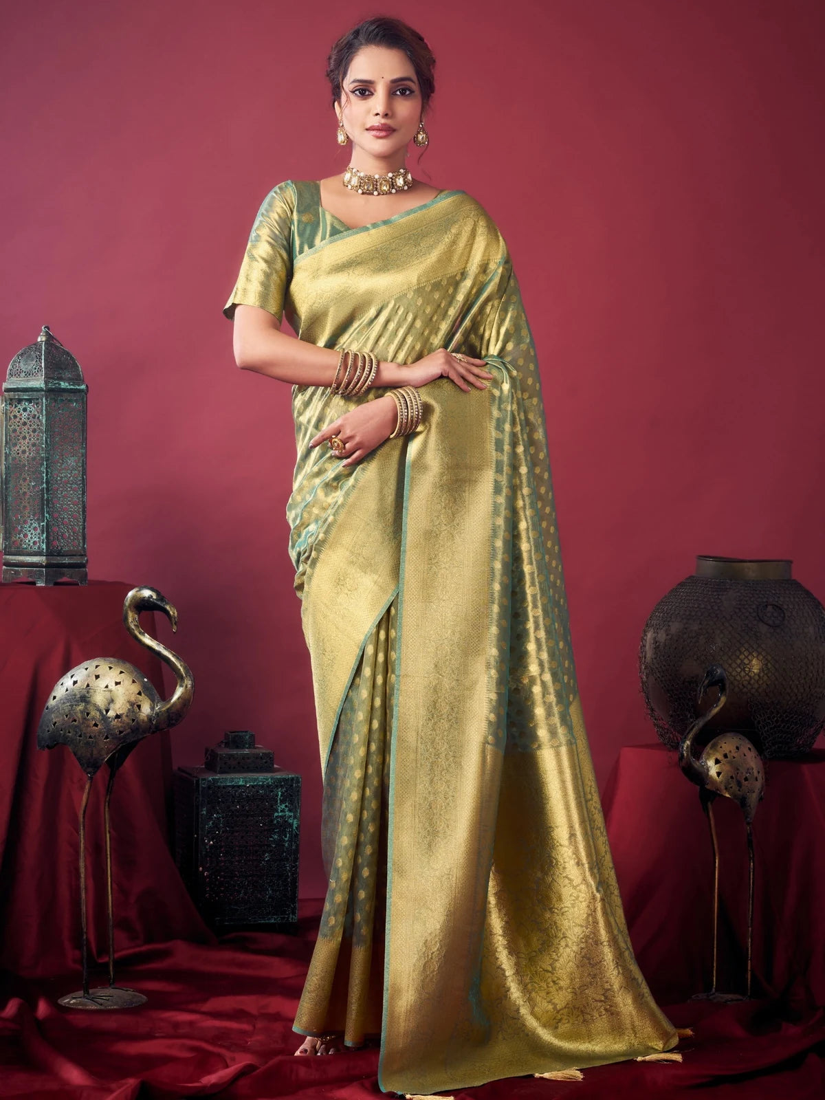 Tarani Dakshina green tissue silk saree with zhallar full view wedding and festive saree