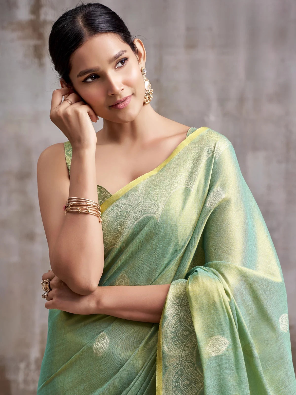 Tarani green tissue silk saree upper body view showing border and blouse