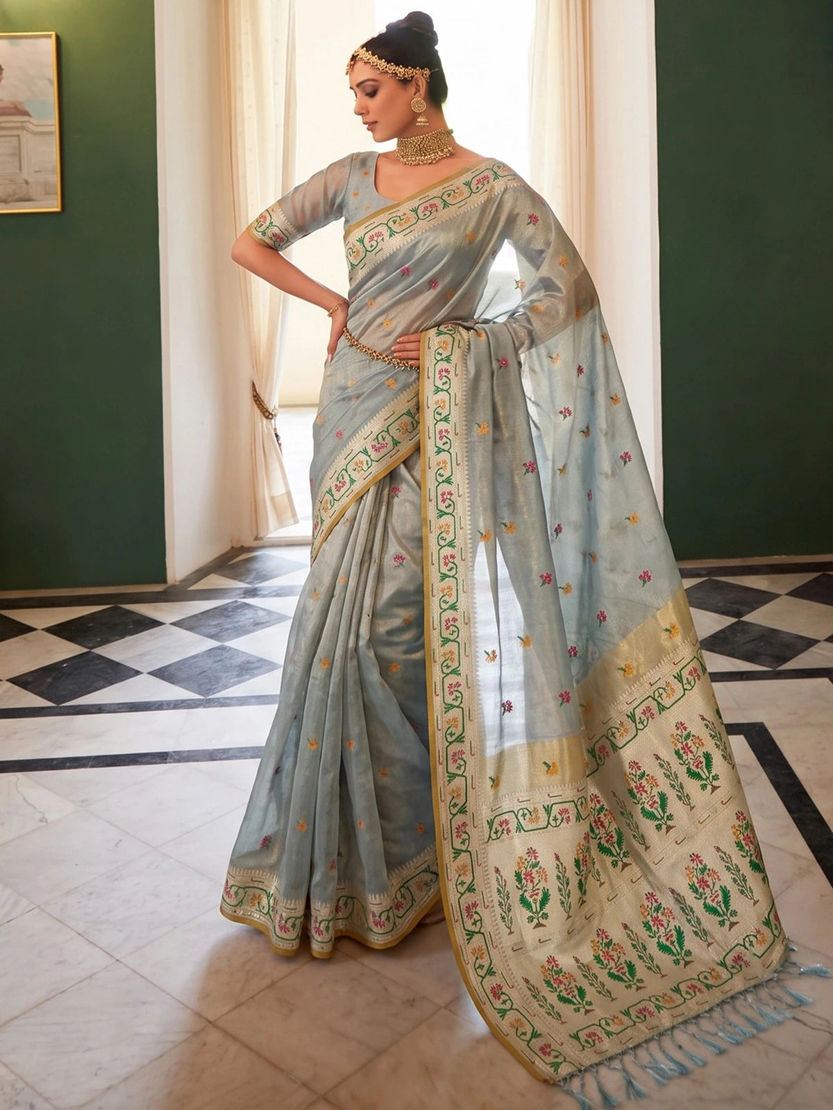 Tarani Lipika grey tissue silk saree full view with woven floral border and designer pallu