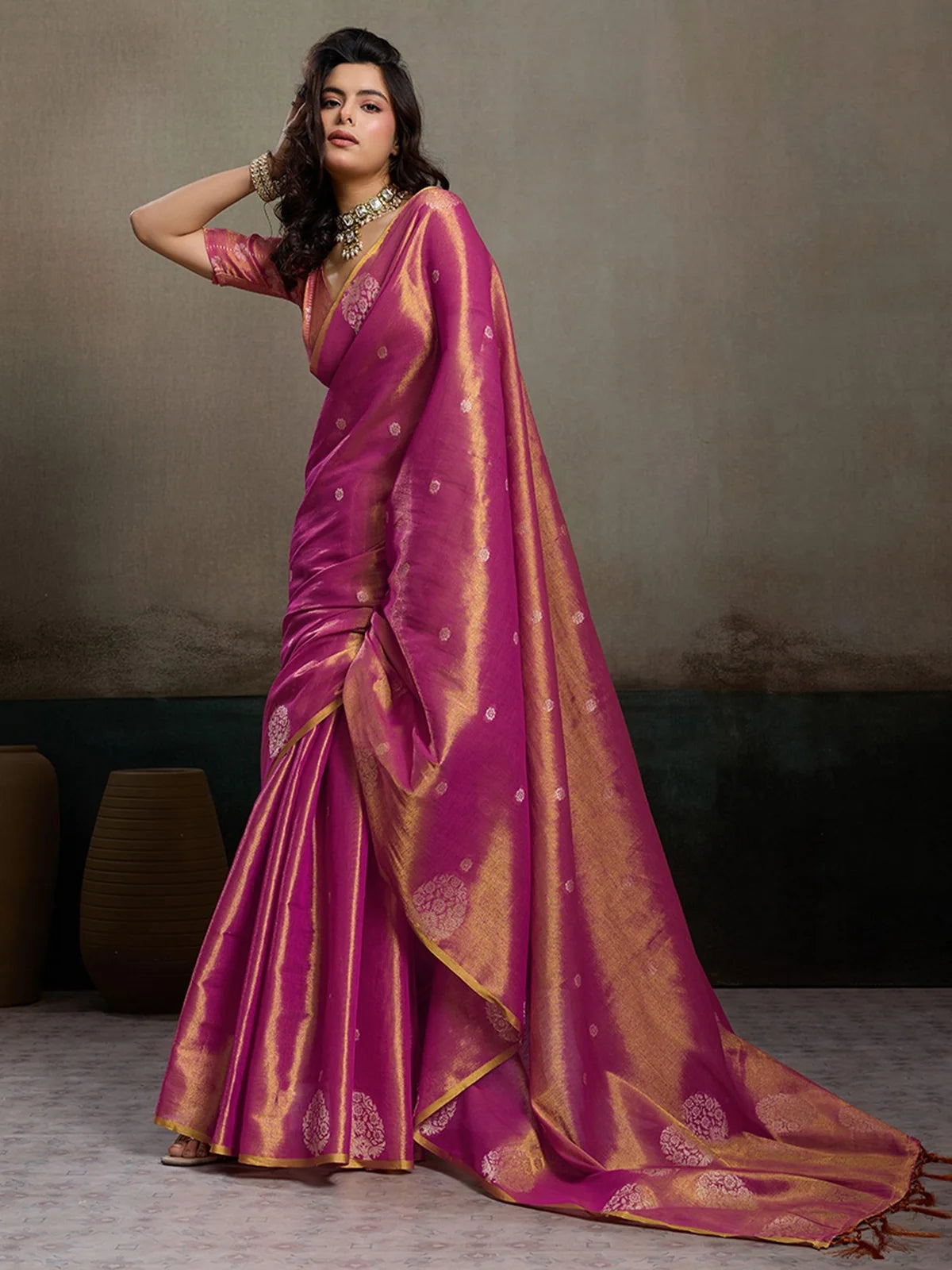 Tarani magenta tissue silk saree front view with elegant drape and woven motifs