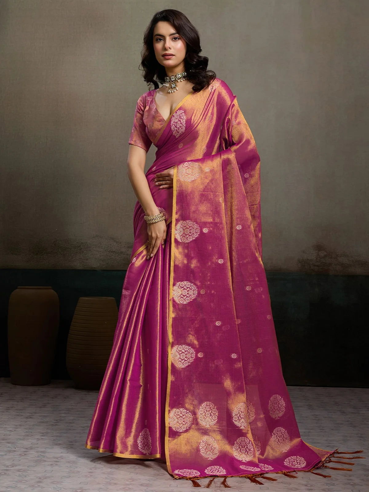 Tarani magenta tissue silk saree full view with zari woven motifs and blouse for wedding wear