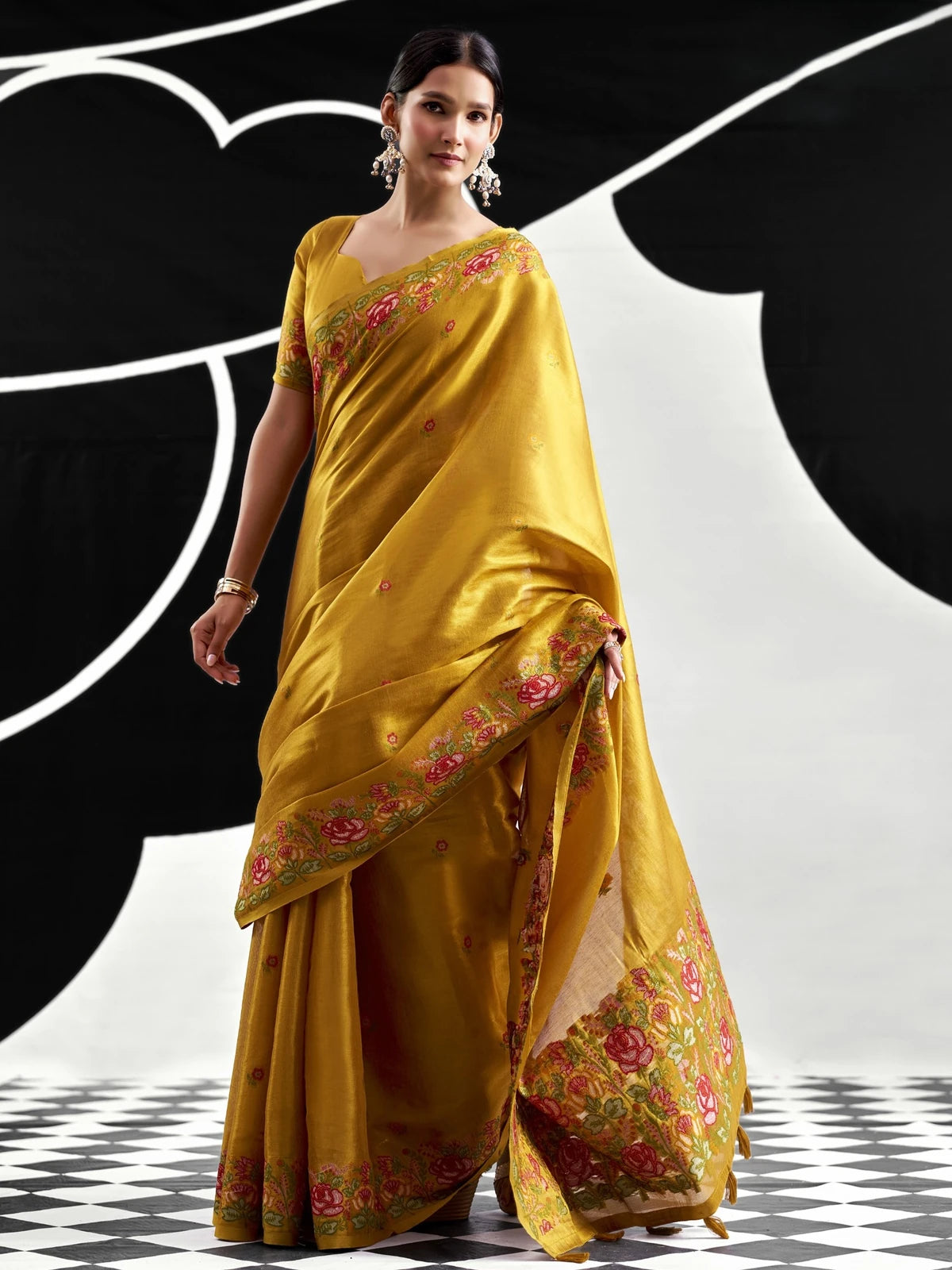 Tarani mustard tissue silk saree with floral woven border front-view Priyansha