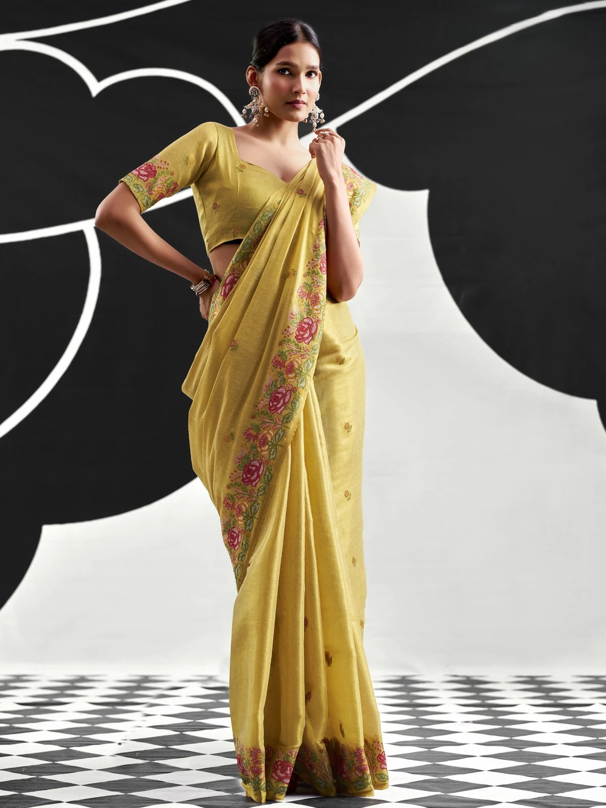 Tarani mustard tissue silk saree front view with elegant floral woven border