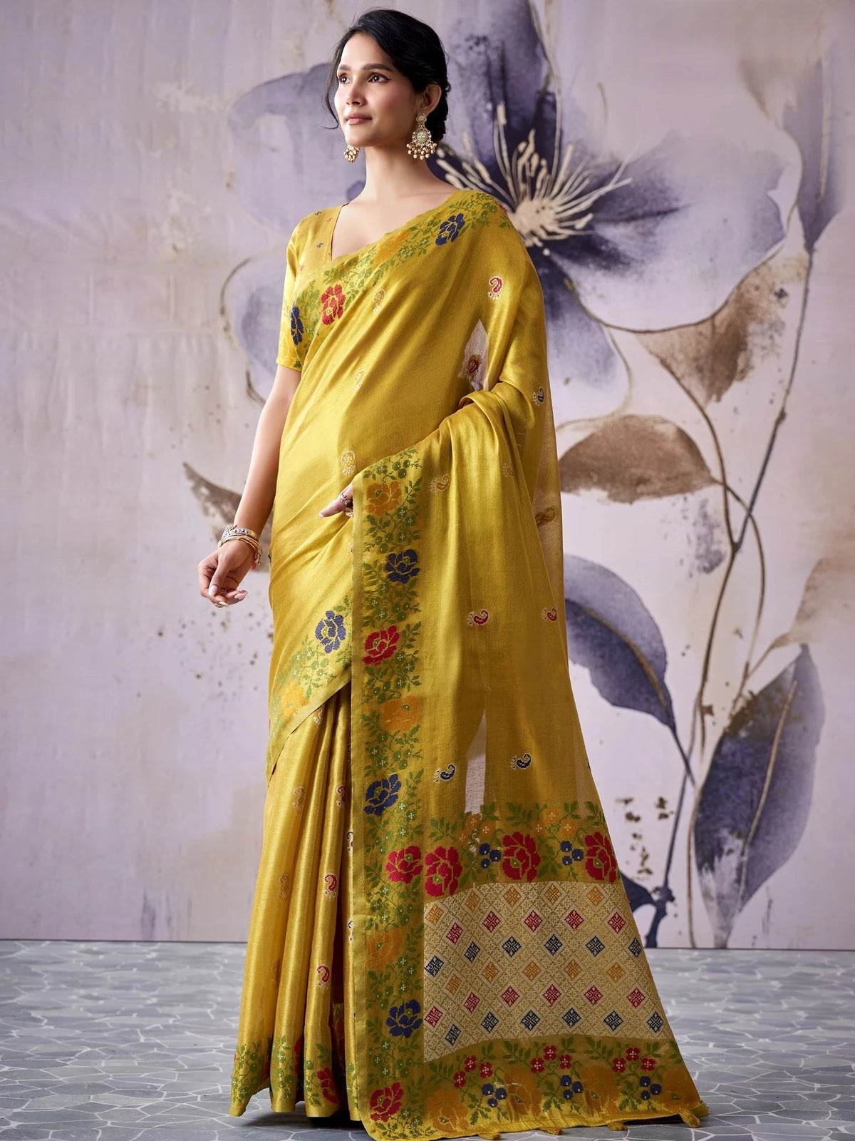Tarani mustard tissue silk saree elegant front view with floral pallu