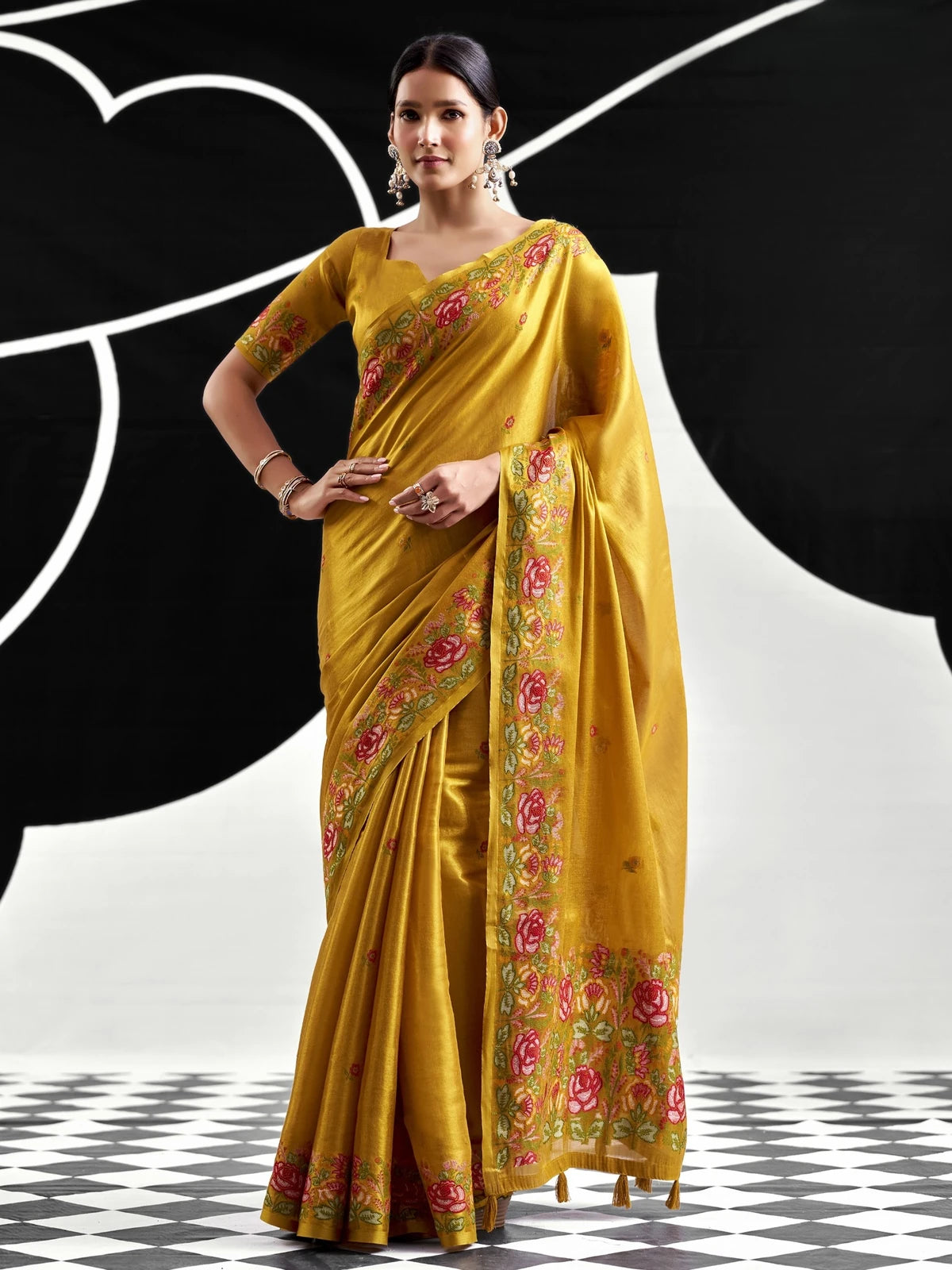 Tarani mustard tissue silk saree with floral woven border full-view Priyansha
