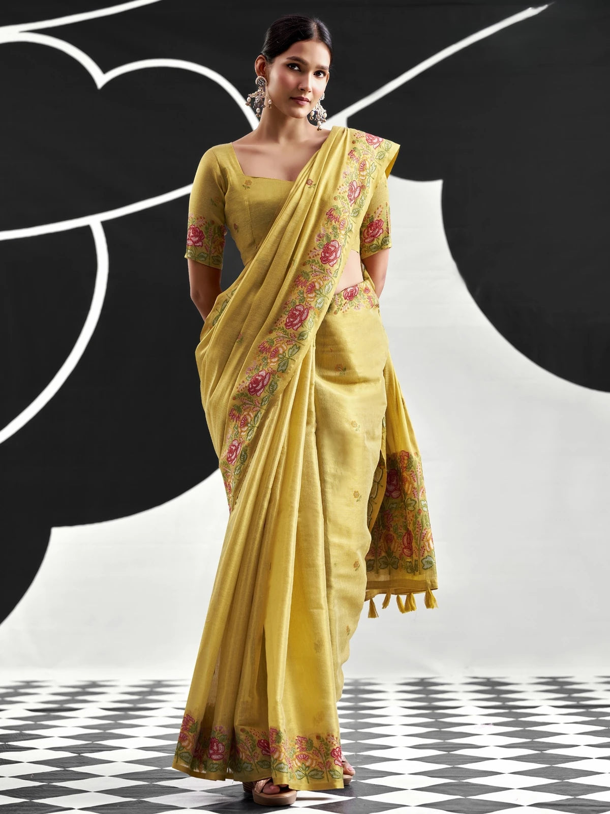 Tarani mustard tissue silk saree full view with floral woven border and unstitched blouse