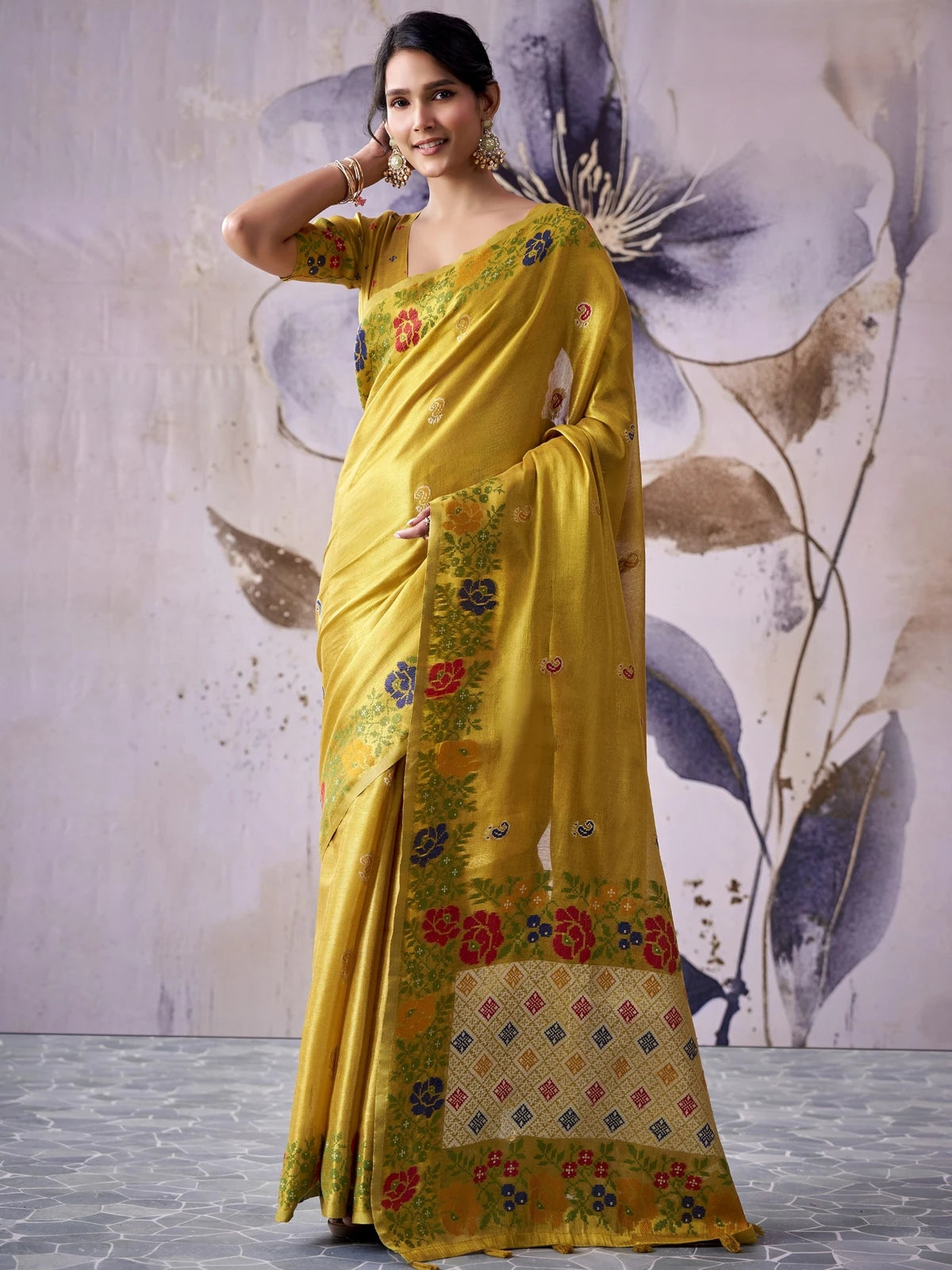 Tarani mustard tissue silk saree full front view with floral woven border