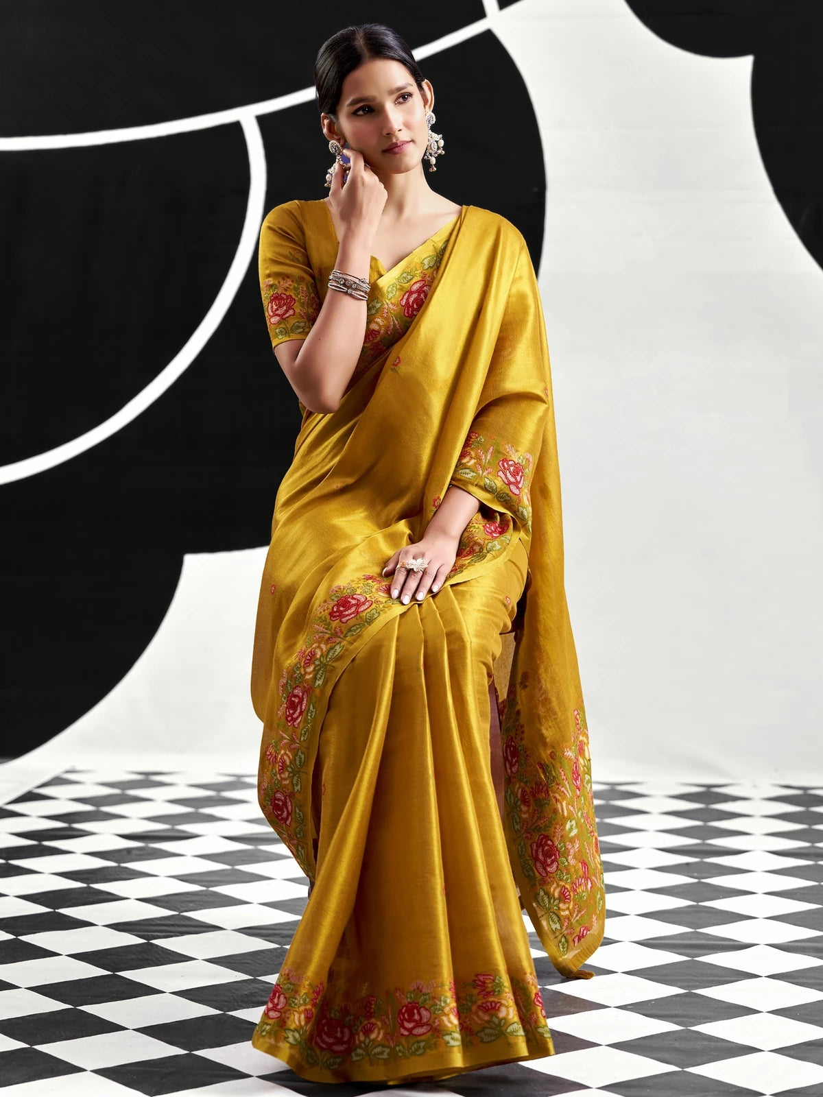 Tarani mustard tissue silk saree with floral woven border pallu-view Priyansha