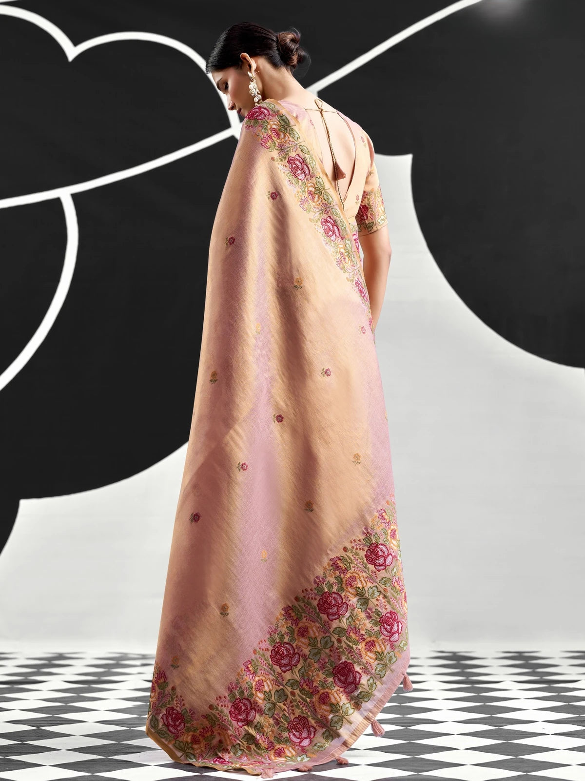 Tarani peach Tissue Silk saree back view with floral border