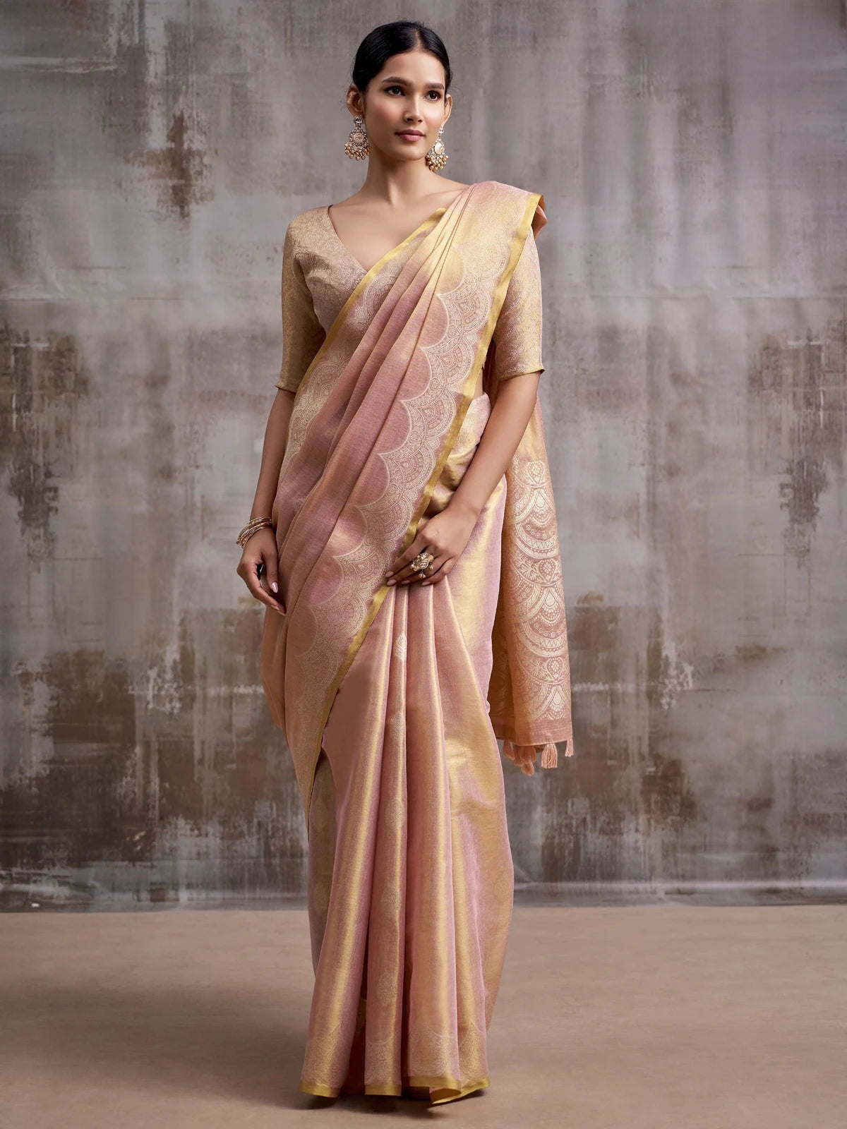 Tarani peach tissue silk saree front-view with woven border and unstitched blouse Sanskruti
