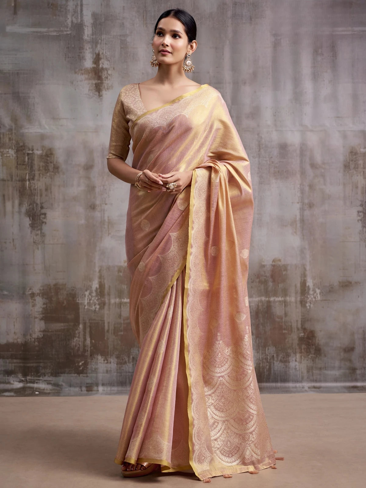 Tarani peach tissue silk saree full-view with woven border and unstitched blouse Sanskruti