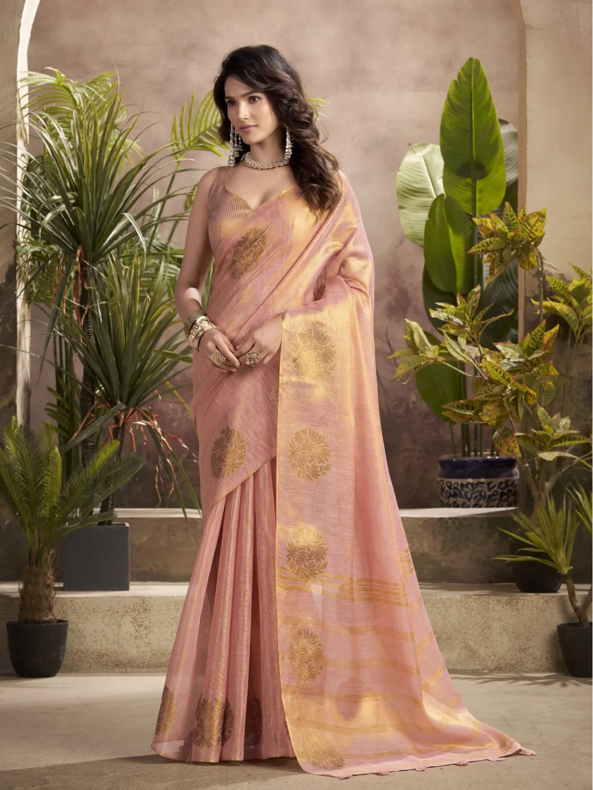 Tarani peach pink tissue silk saree with golden woven motifs full view