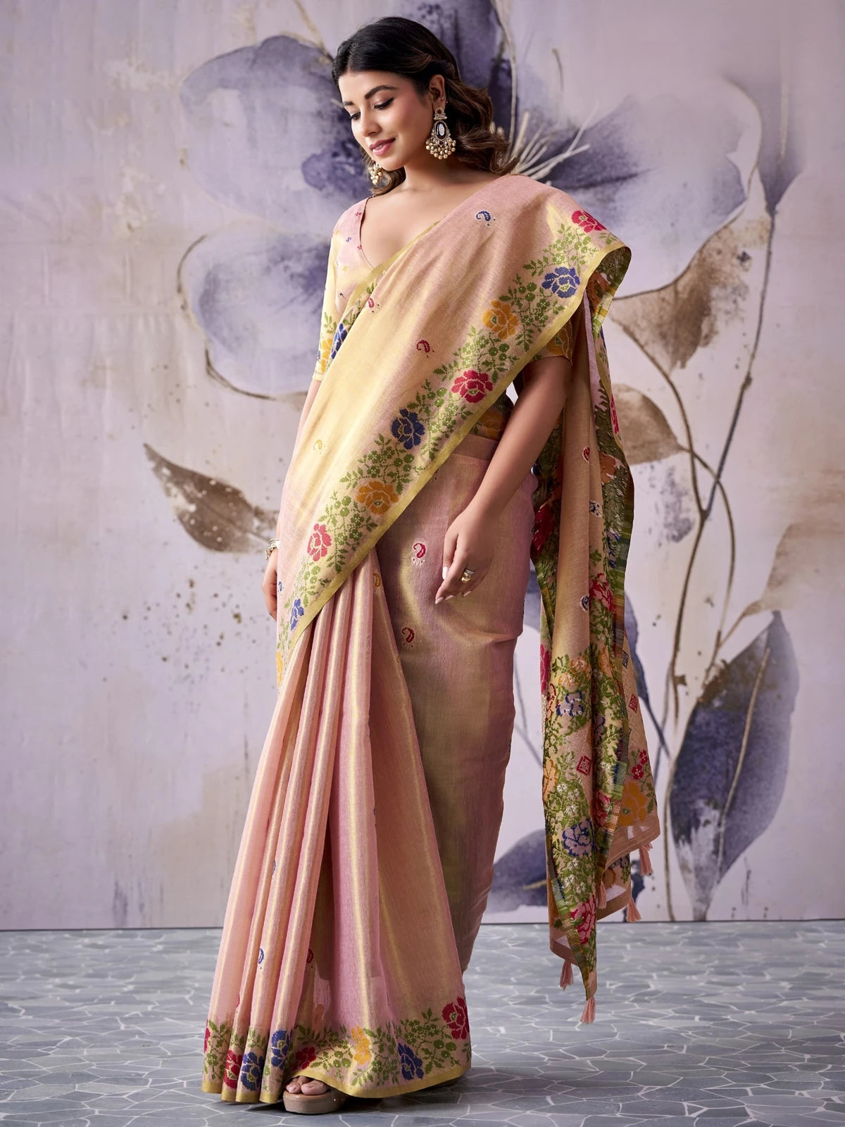 Tarani peach Tissue Silk saree side view showing elegant drape