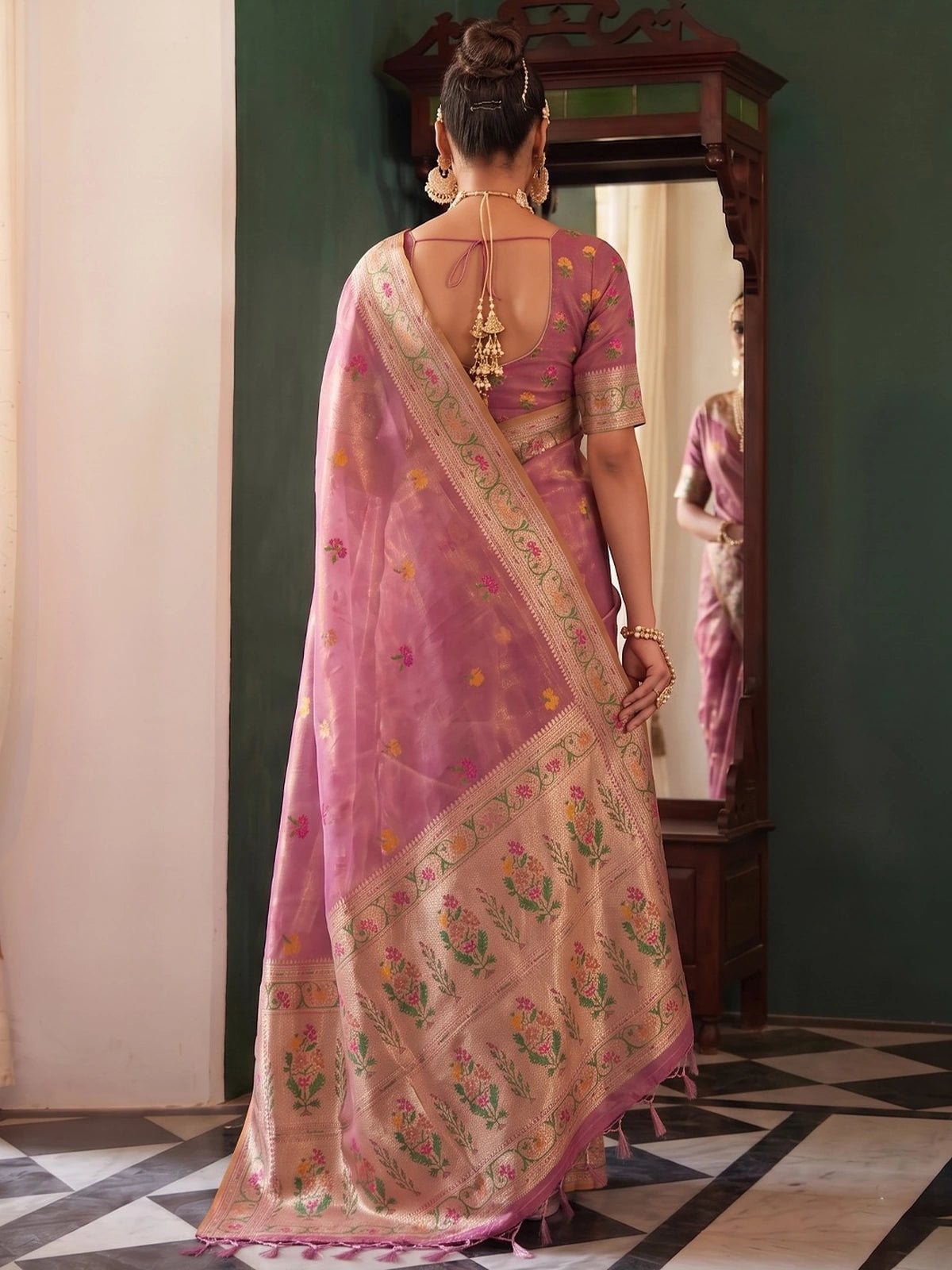 Tarani Mahati pink tissue silk saree with woven pallu and blouse back view